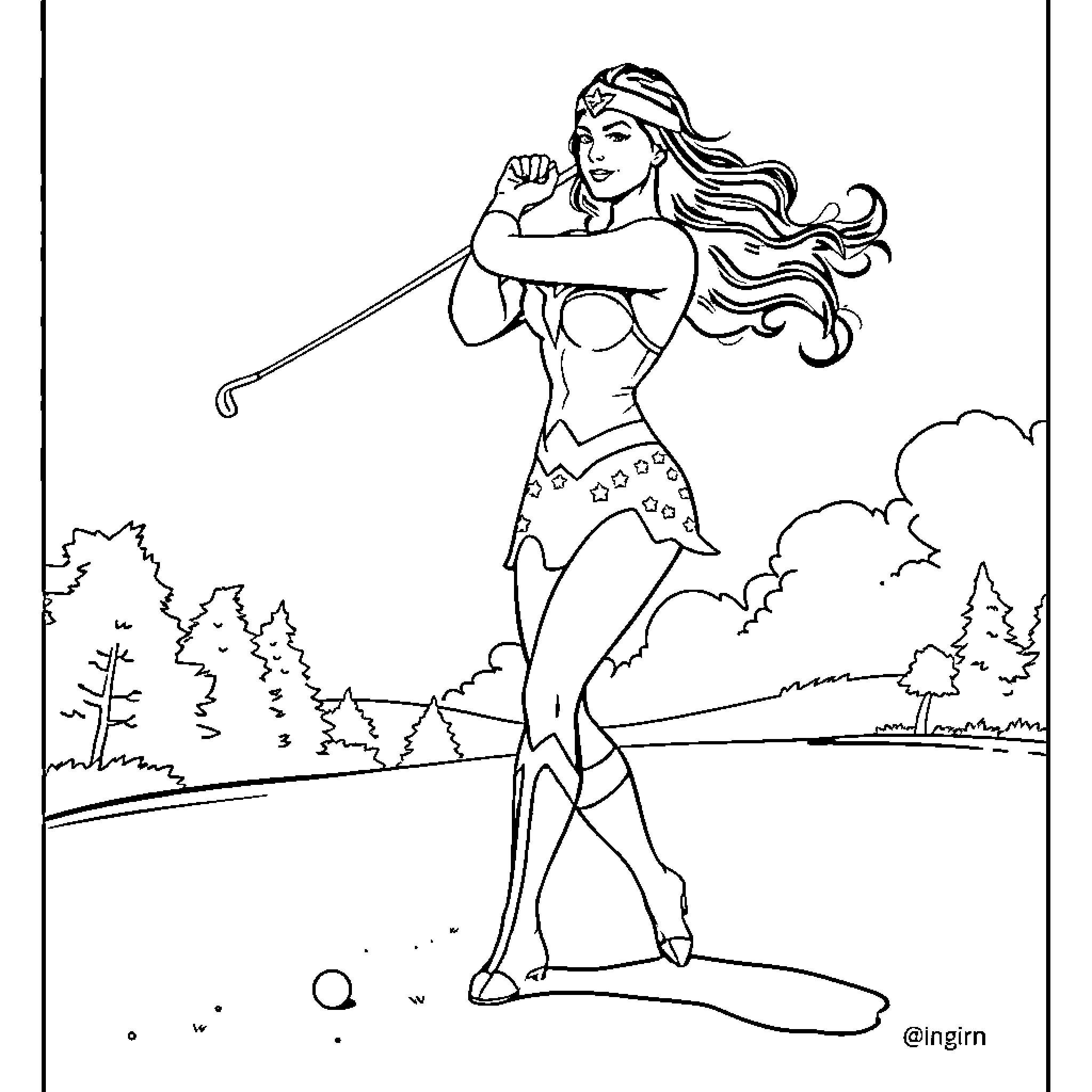 Wonder Woman in action: Heroic stance with lasso Coloring Page (free black-and-white line drawing printable PDF for all, from beginners to advanced learners, including children, teens, adults, and seniors)