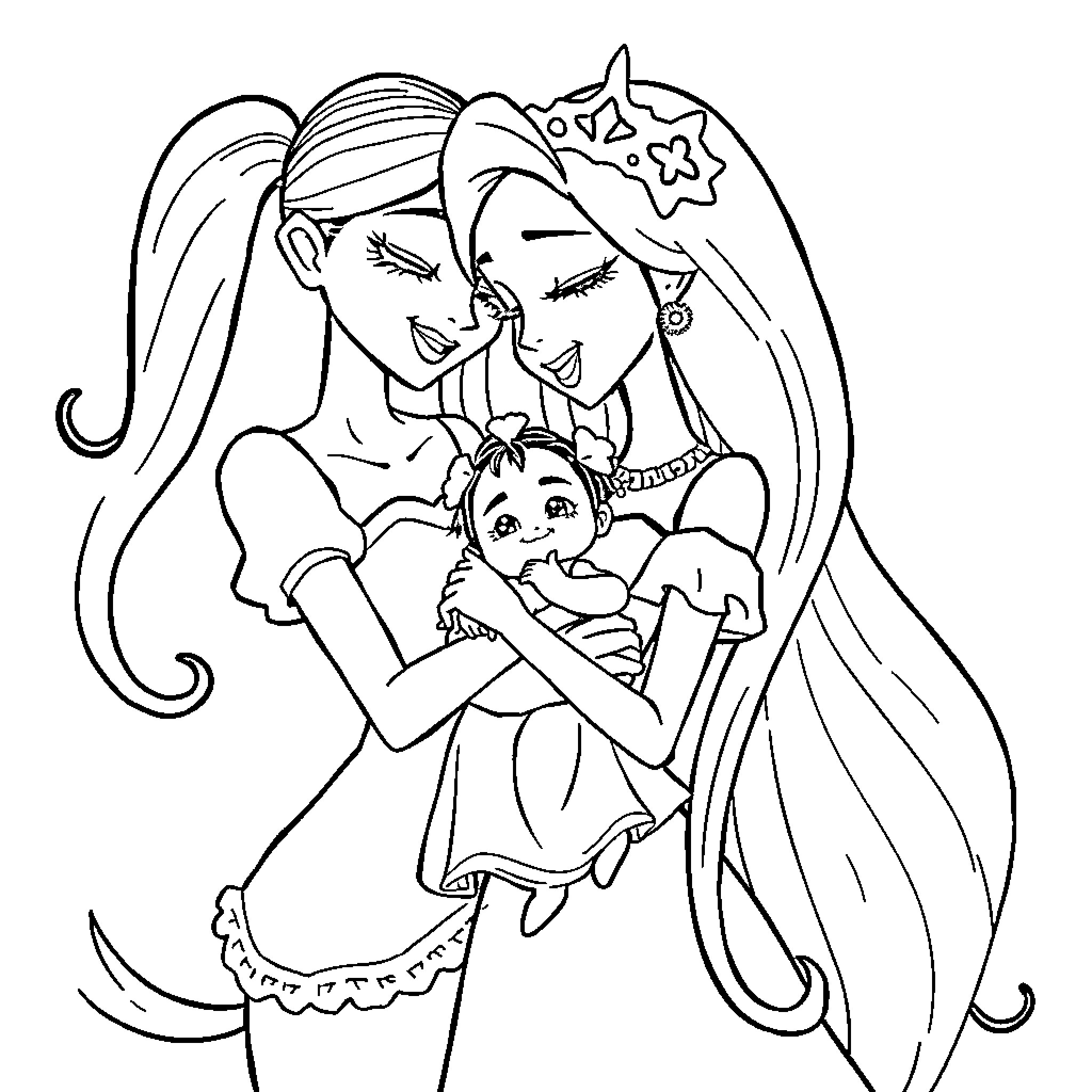 Marceline and friends in a playful embrace Coloring Page (free black-and-white line drawing printable PDF for all, from beginners to advanced learners, including children, teens, adults, and seniors)