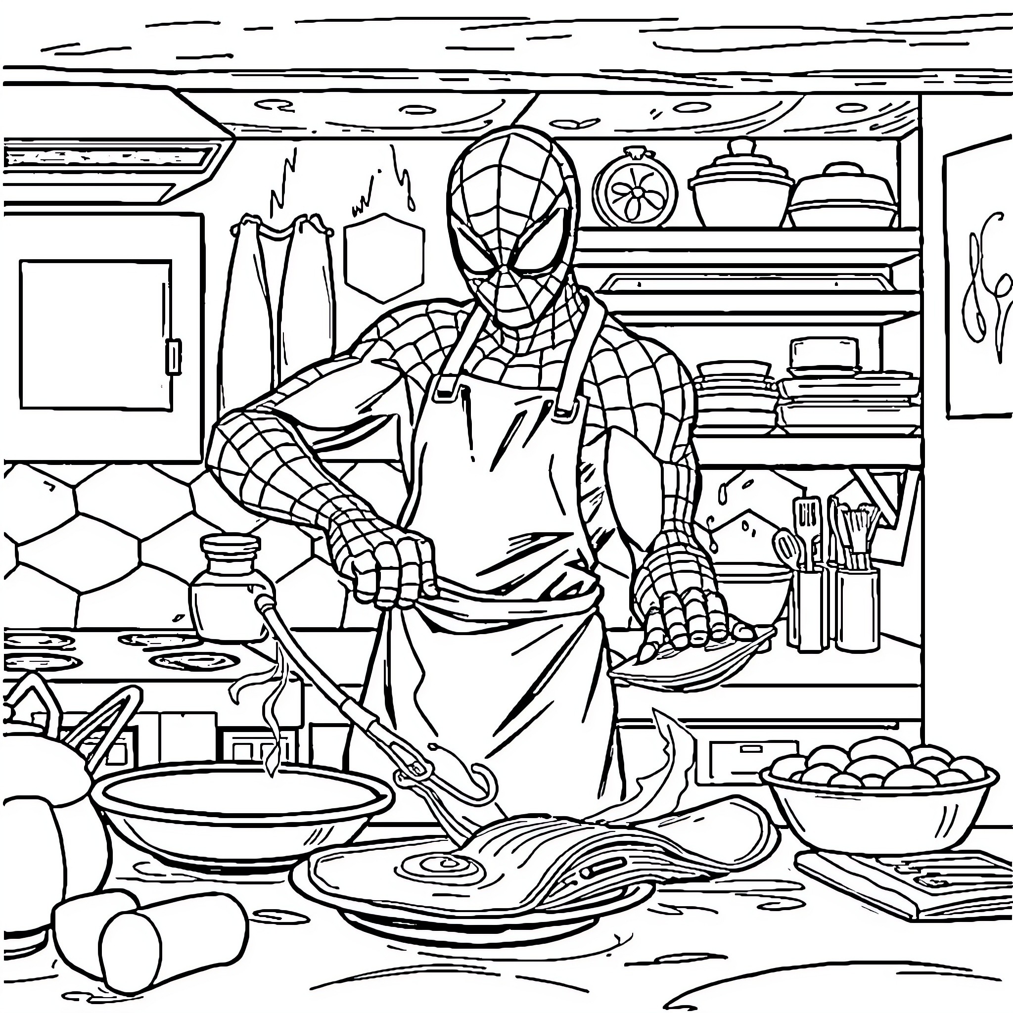 Spiderman Cooking in a Cluttered Kitchen Coloring Page (free black-and-white line drawing printable PDF for all, from beginners to advanced learners, including children, teens, adults, and seniors)