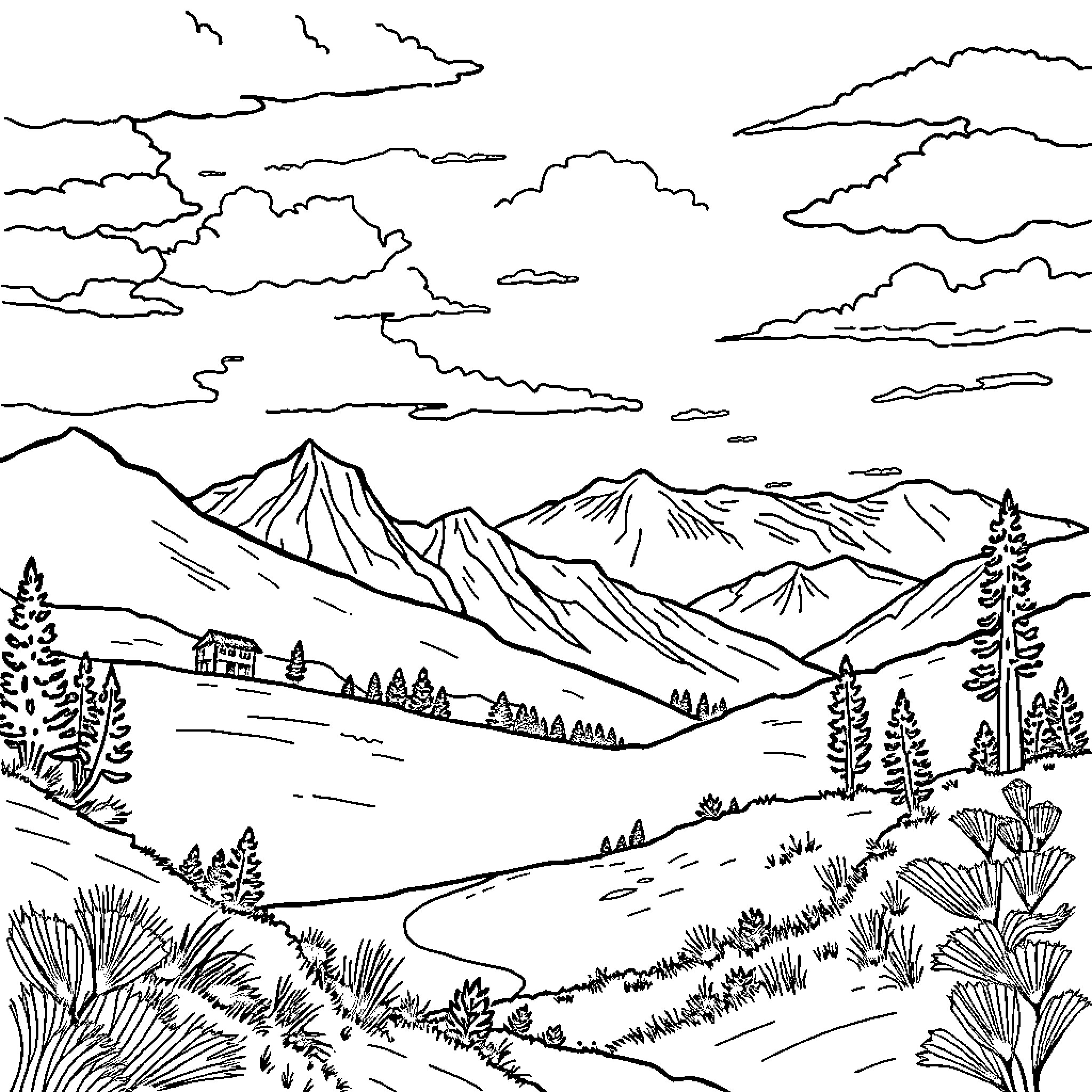 Landscape with mountainous scenery and wilderness Coloring Page (free black-and-white line drawing printable PDF for all, from beginners to advanced learners, including children, teens, adults, and seniors)