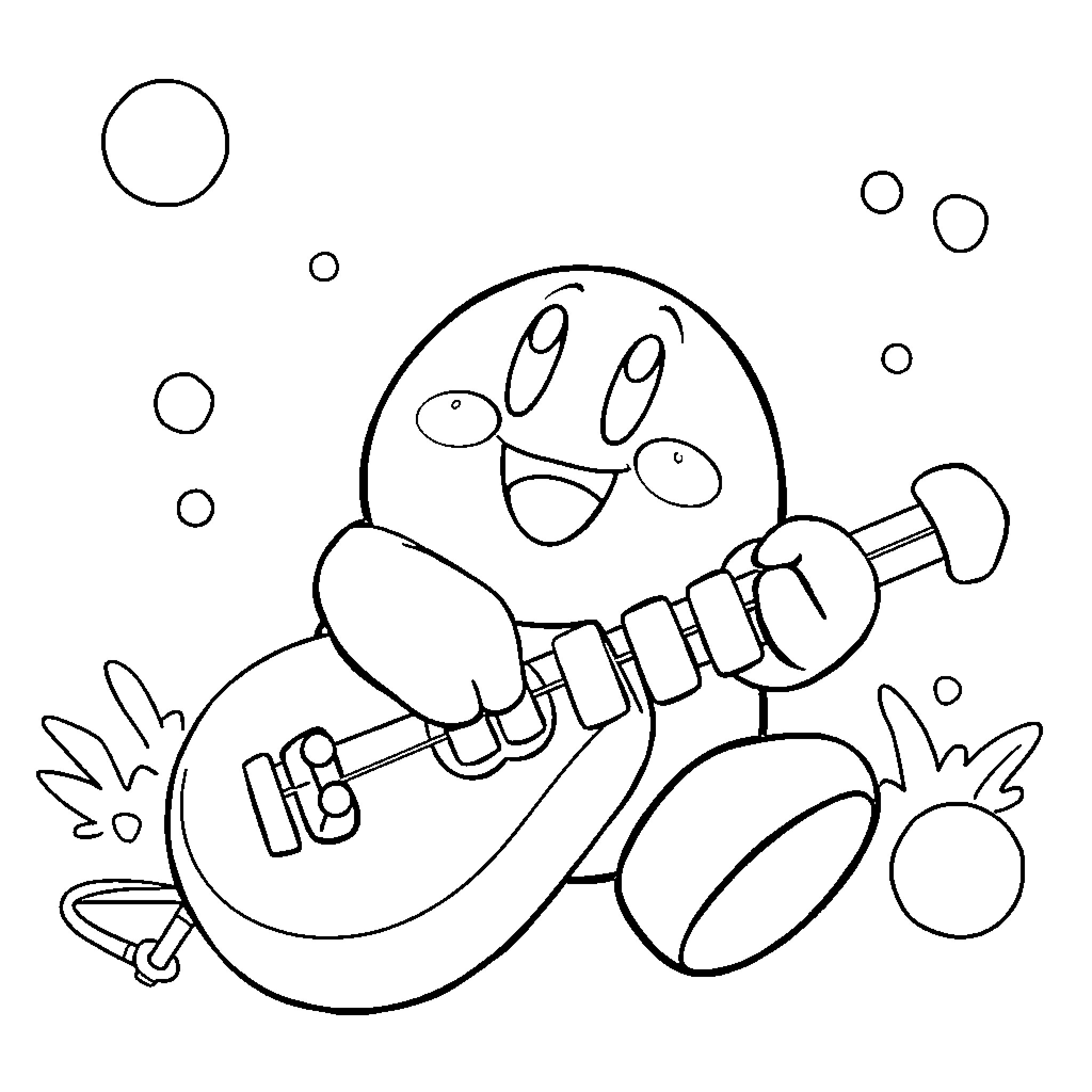 Kirby playing with musical instruments and bubbles Coloring Page (free black-and-white line drawing printable PDF for all, from beginners to advanced learners, including children, teens, adults, and seniors)