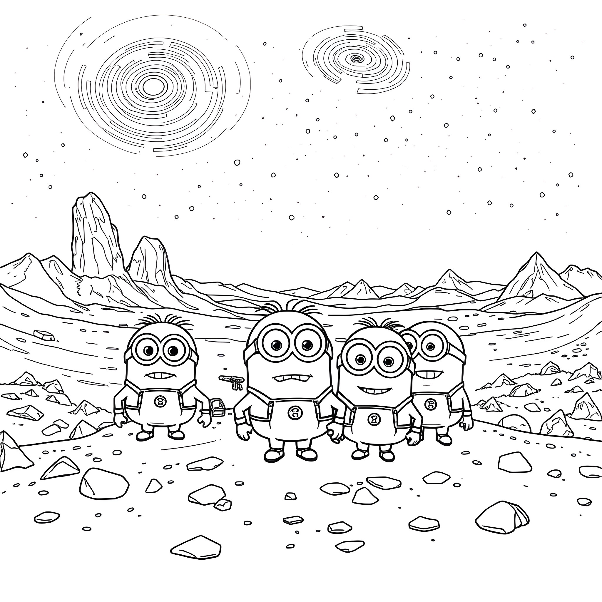 Minions exploring the alien landscape Coloring Page (free black-and-white line drawing printable PDF for all, from beginners to advanced learners, including children, teens, adults, and seniors)