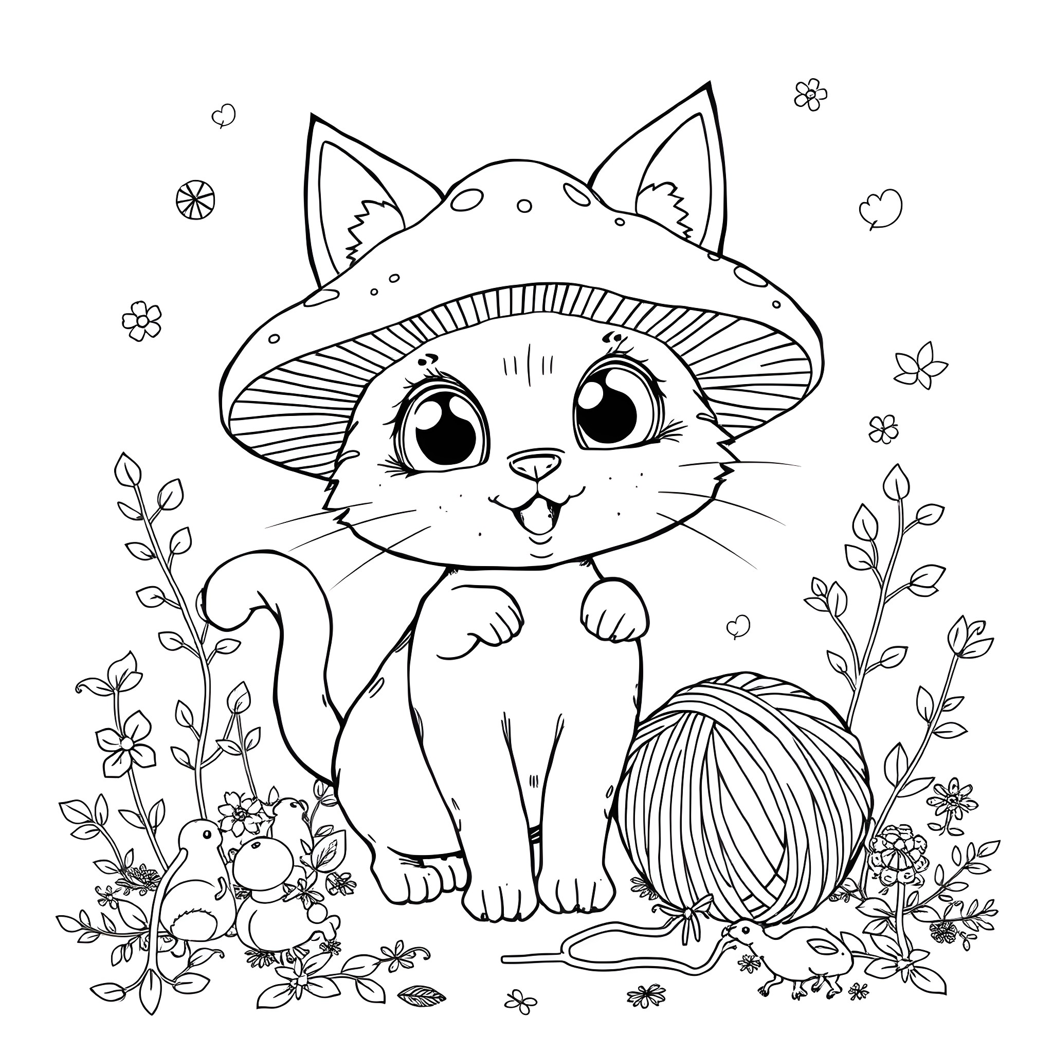 Cat in a Mushroom Hat with Flowers Coloring Page (free black-and-white line drawing printable PDF for all, from beginners to advanced learners, including children, teens, adults, and seniors)
