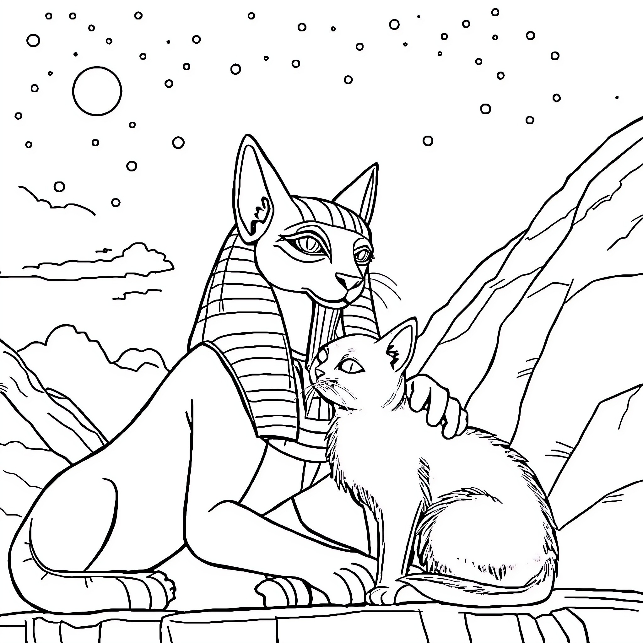 Anubis and Feline Companion in Celestial Landscape Coloring Page (free black-and-white line drawing printable PDF for all, from beginners to advanced learners, including children, teens, adults, and seniors)