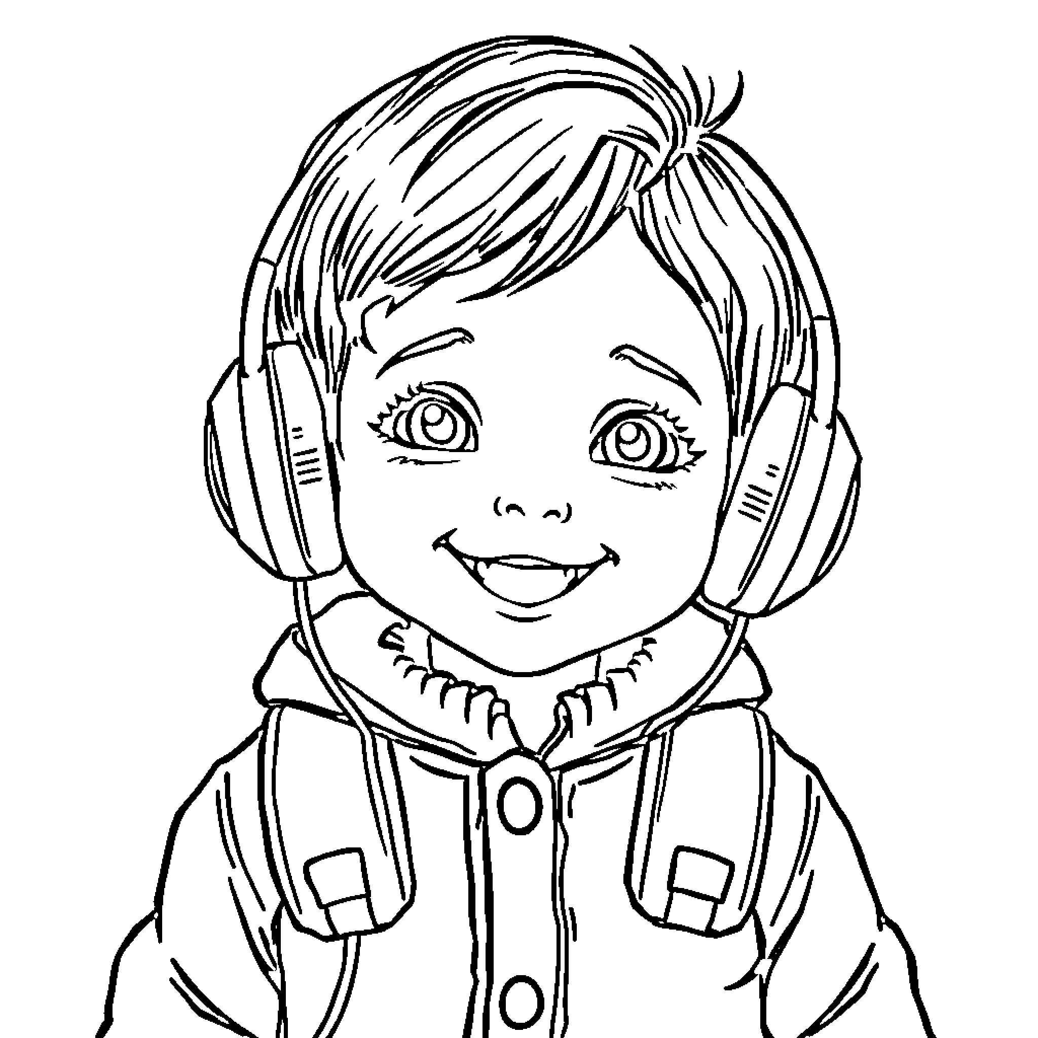 Girl listening to music happily with headphones Coloring Page (free black-and-white line drawing printable PDF for all, from beginners to advanced learners, including children, teens, adults, and seniors)