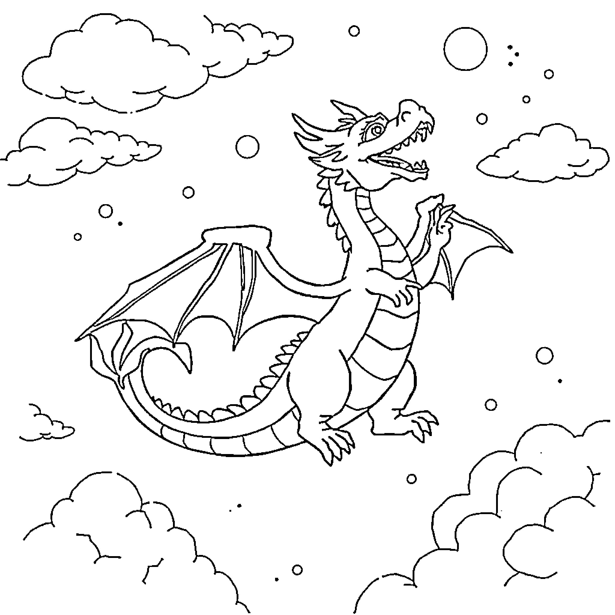 Dragofeu soaring through the cloudy sky Coloring Page (free black-and-white line drawing printable PDF for all, from beginners to advanced learners, including children, teens, adults, and seniors)