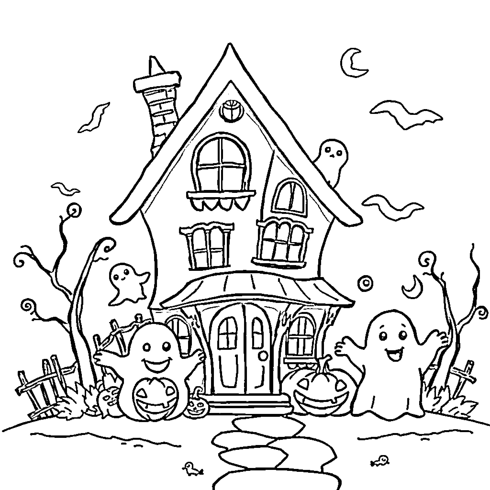 Haunted House with Ghosts and Pumpkins Coloring Page (free black-and-white line drawing printable PDF for all, from beginners to advanced learners, including children, teens, adults, and seniors)