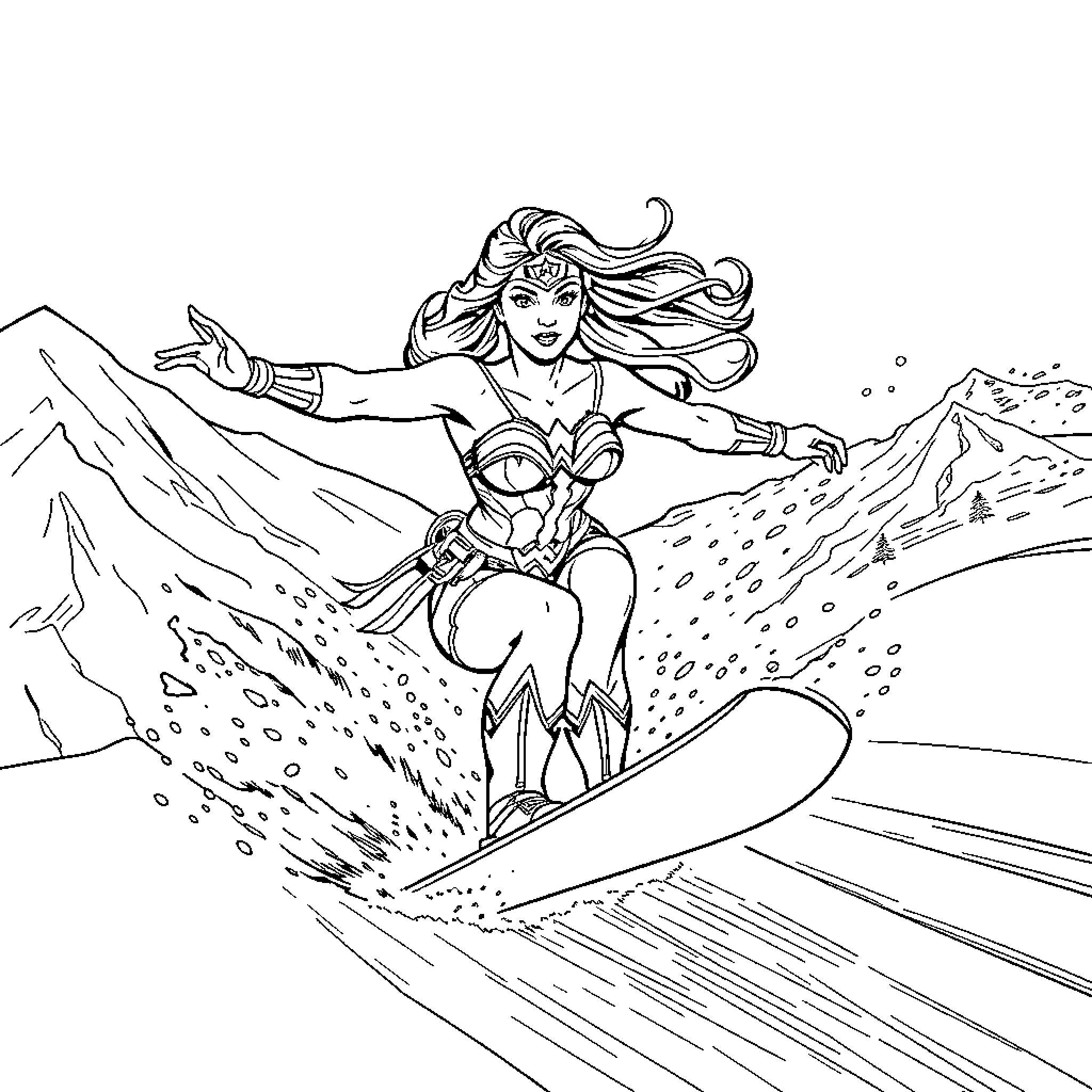 Wonder Woman Snowboarding in the Mountains Coloring Page (free black-and-white line drawing printable PDF for all, from beginners to advanced learners, including children, teens, adults, and seniors)