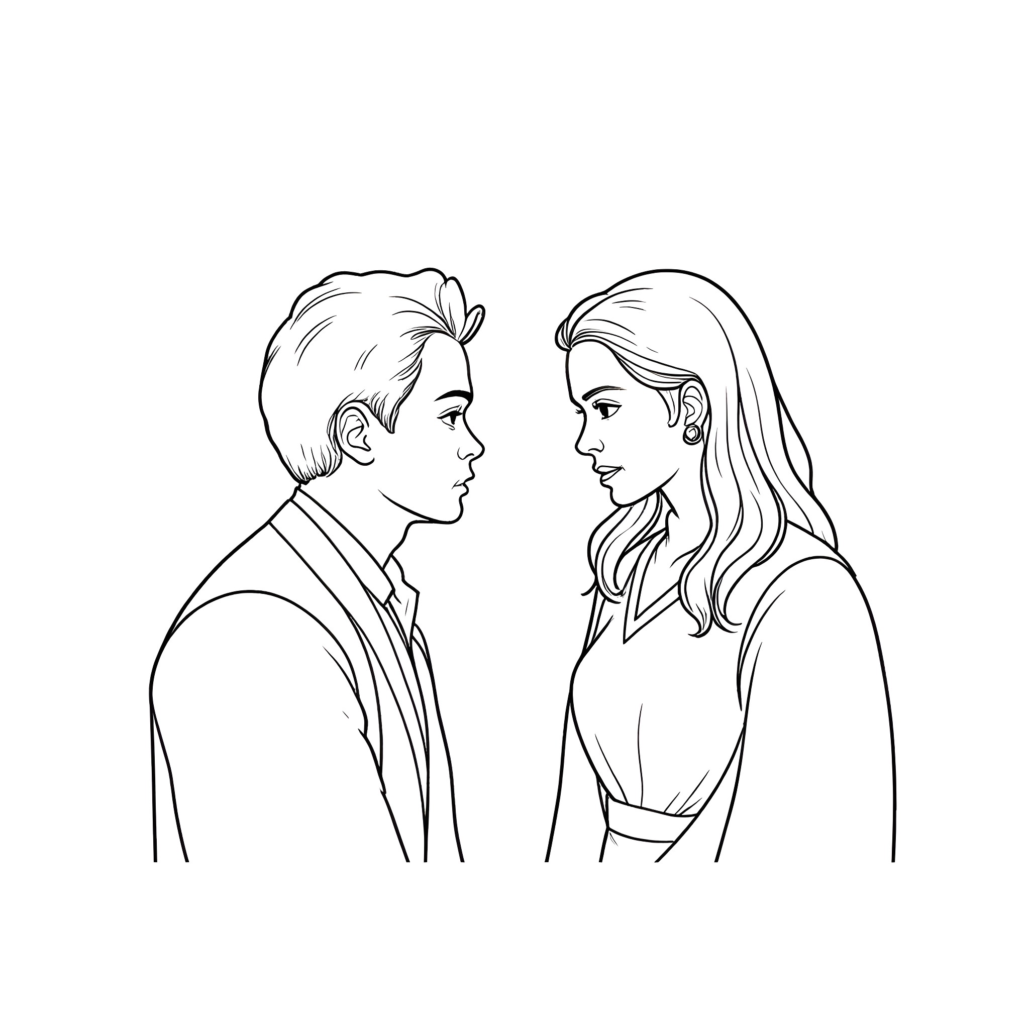 Arthur Weasley conversing with a young woman Coloring Page (free black-and-white line drawing printable PDF for all, from beginners to advanced learners, including children, teens, adults, and seniors)