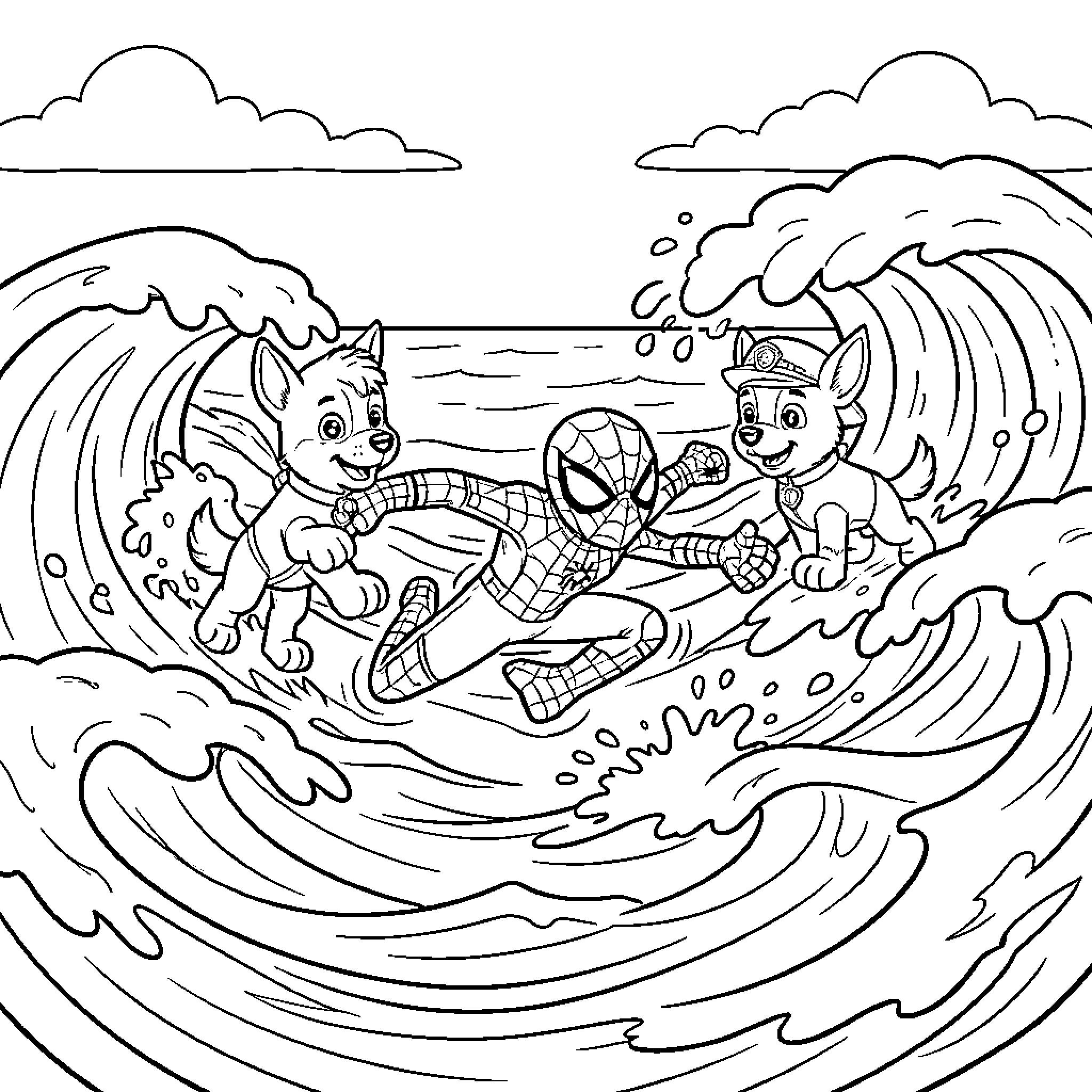 Paw Patrol characters surfing with Spider-Man in the ocean Coloring Page (free black-and-white line drawing printable PDF for all, from beginners to advanced learners, including children, teens, adults, and seniors)