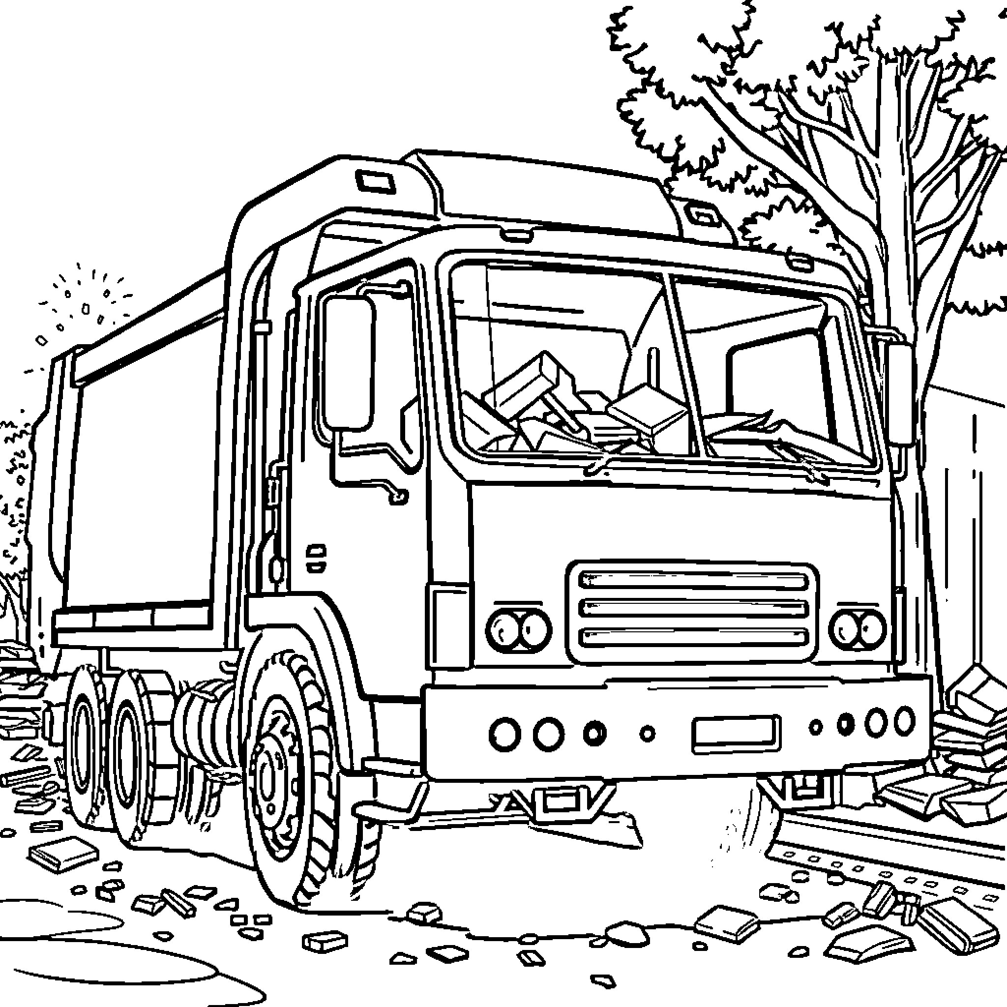 Garbage Truck Collecting Waste in Outdoor Setting Coloring Page (free black-and-white line drawing printable PDF for all, from beginners to advanced learners, including children, teens, adults, and seniors)