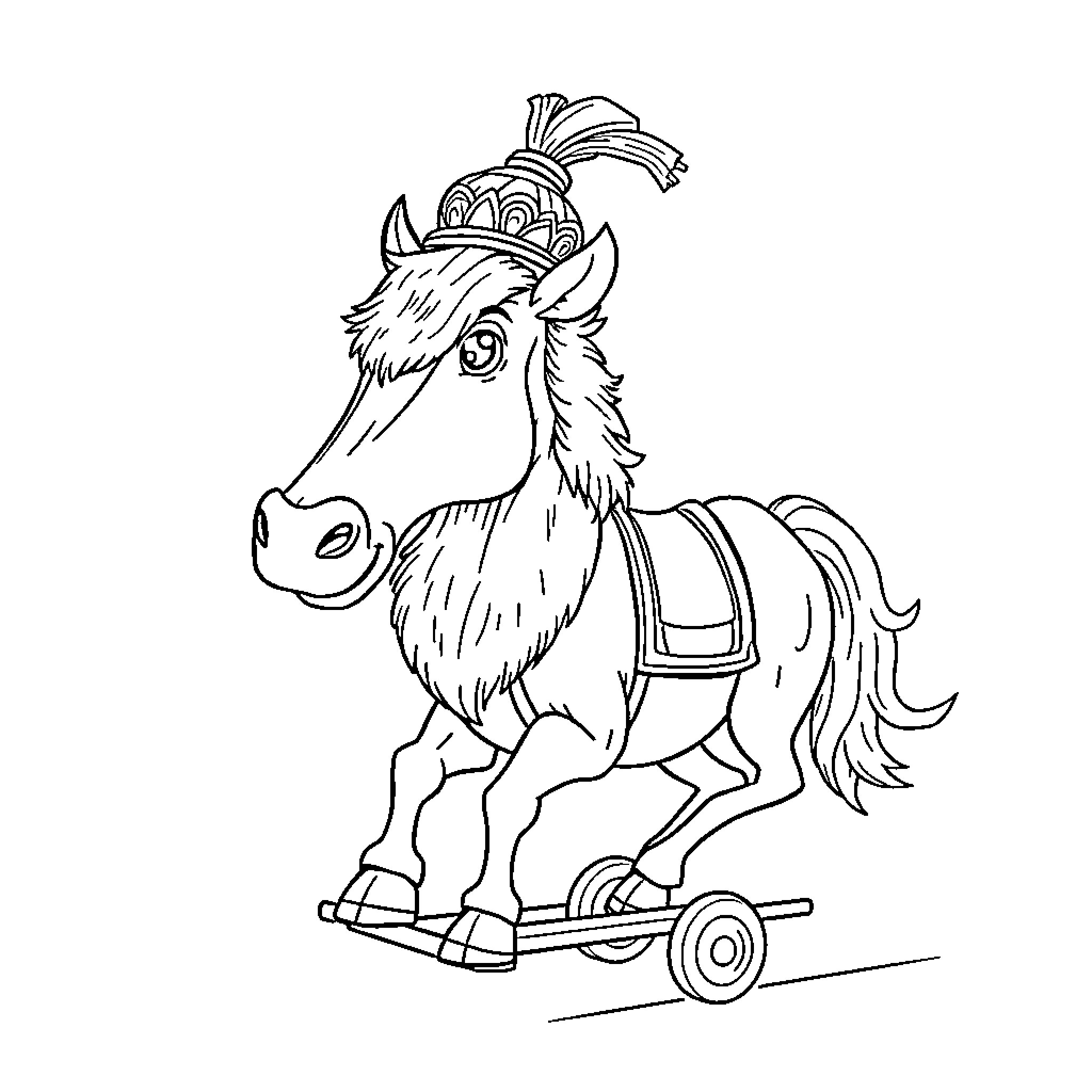 Shepherd riding a small toy horse Coloring Page (free black-and-white line drawing printable PDF for all, from beginners to advanced learners, including children, teens, adults, and seniors)