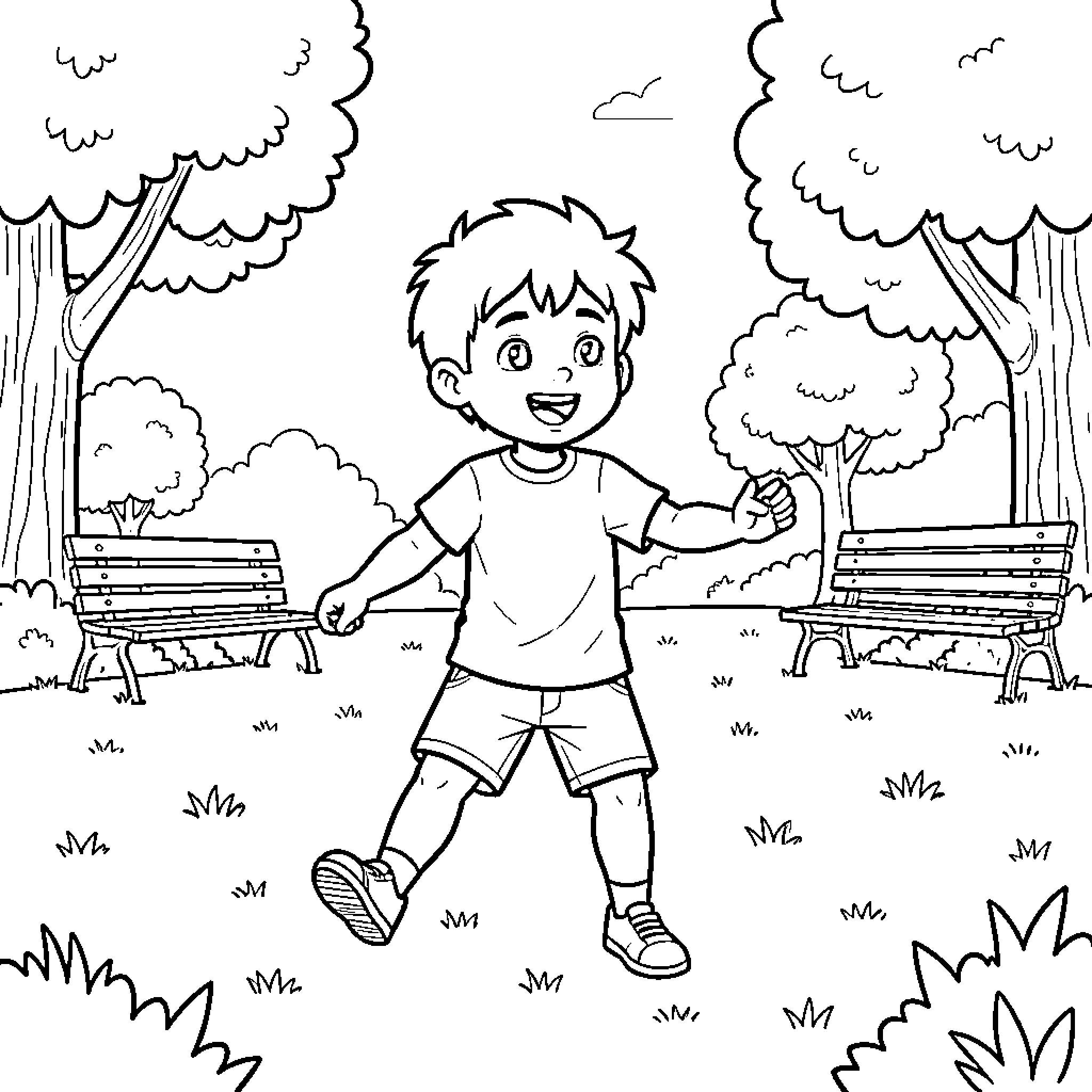 Son walking happily through a park with trees Coloring Page (free black-and-white line drawing printable PDF for all, from beginners to advanced learners, including children, teens, adults, and seniors)