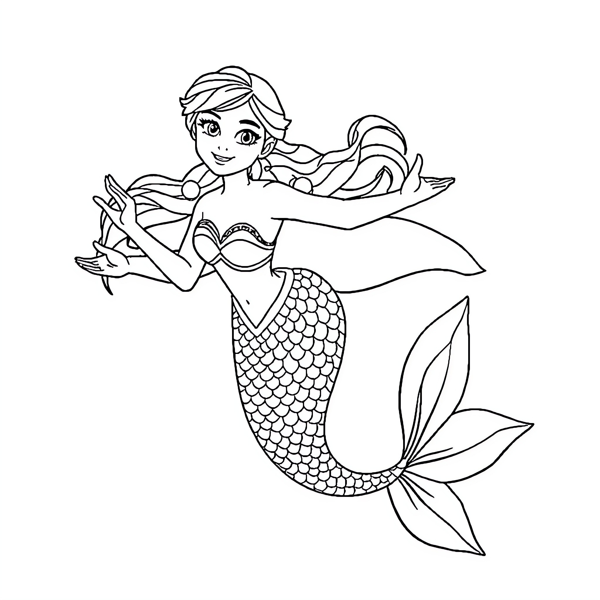 Anna the Mermaid Exploring the Underwater World Coloring Page (free black-and-white line drawing printable PDF for all, from beginners to advanced learners, including children, teens, adults, and seniors)