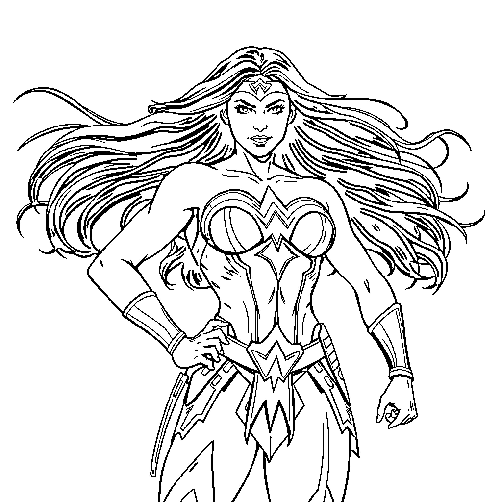 Wonder Woman in heroic action pose with flowing hair Coloring Page (free black-and-white line drawing printable PDF for all, from beginners to advanced learners, including children, teens, adults, and seniors)