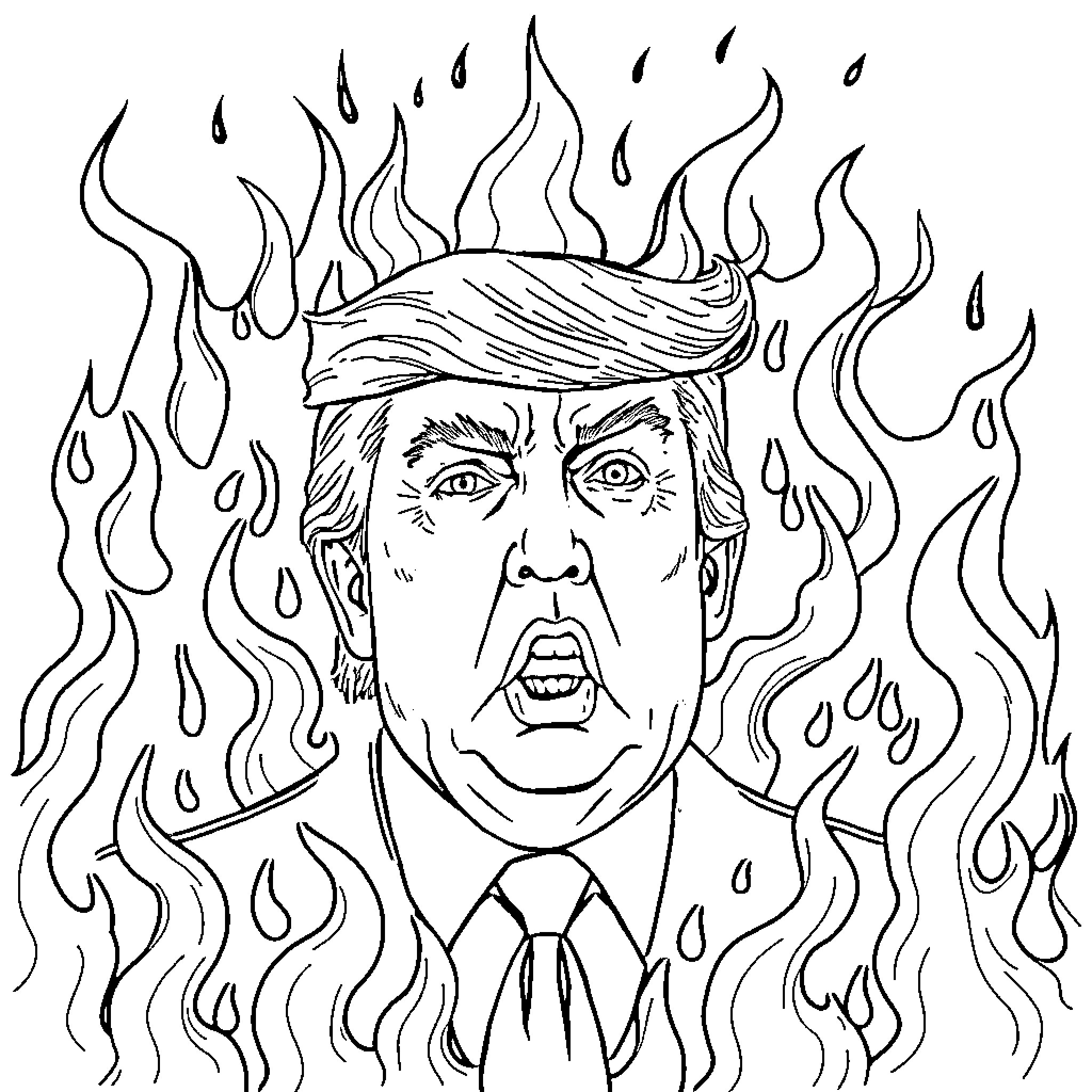 Trump Amid Fiery Rhetoric and Turmoil Coloring Page (free black-and-white line drawing printable PDF for all, from beginners to advanced learners, including children, teens, adults, and seniors)