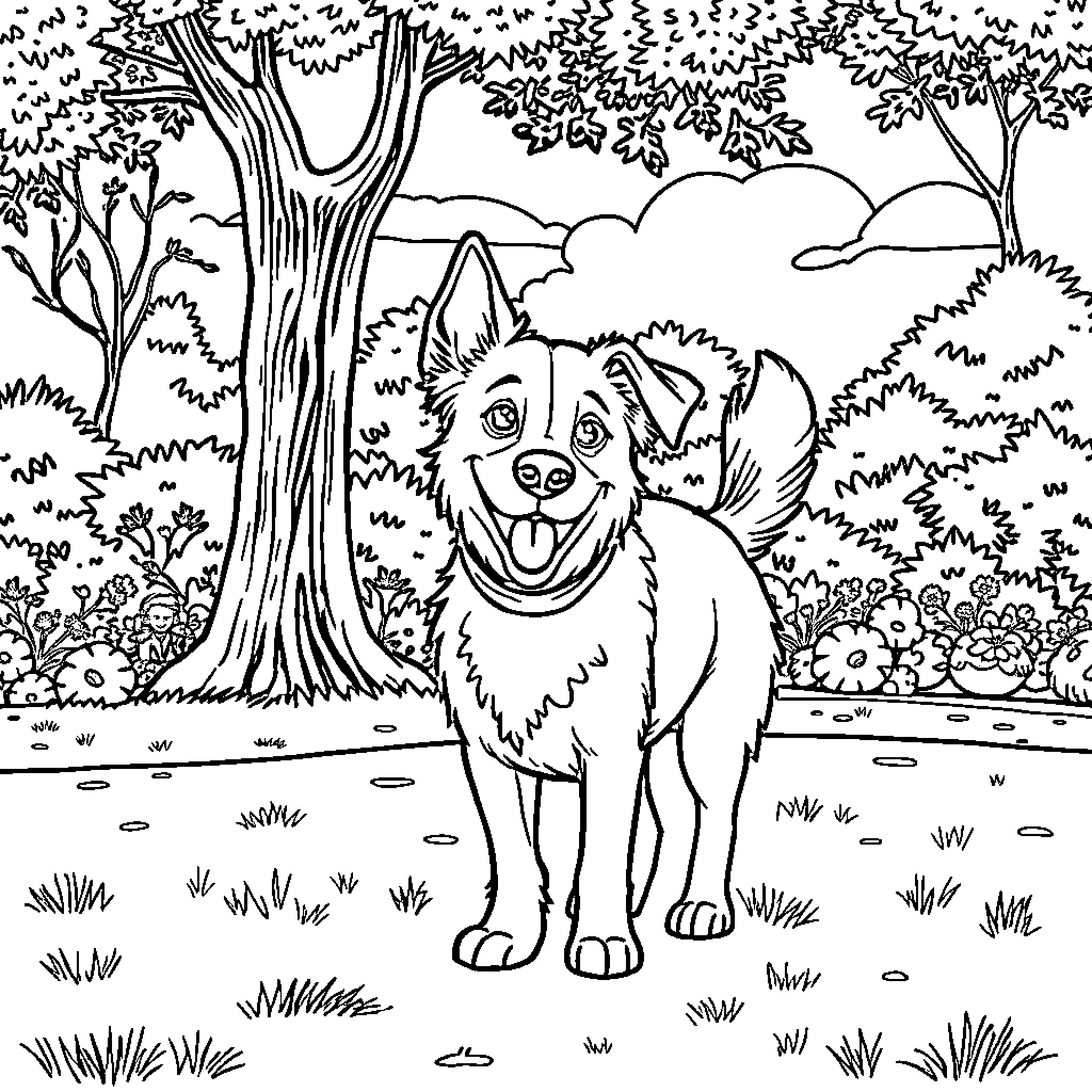Dog exploring the enchanting forest landscape Coloring Page (free black-and-white line drawing printable PDF for all, from beginners to advanced learners, including children, teens, adults, and seniors)