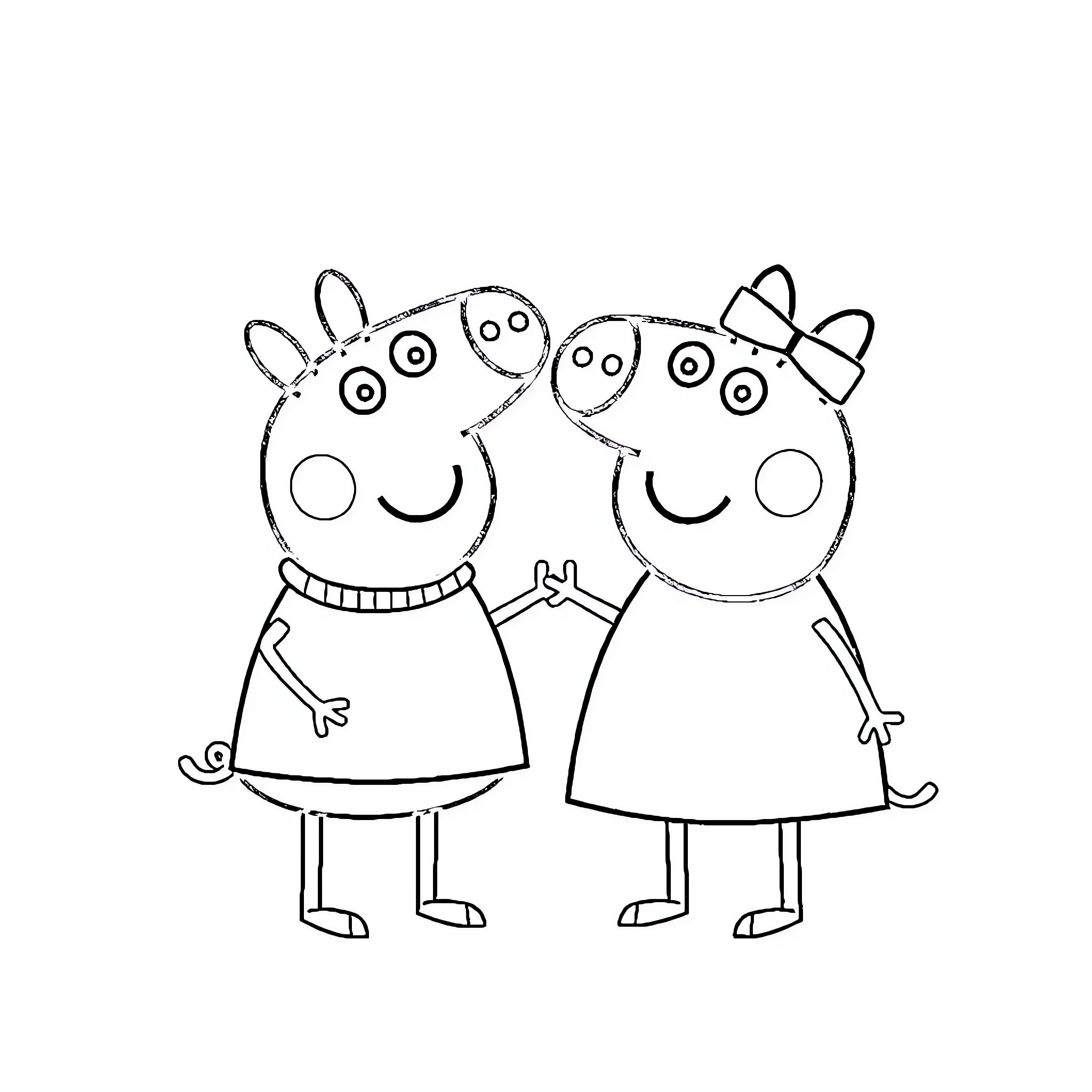Peppa Pig and her friend in a happy pose Coloring Page (free black-and-white line drawing printable PDF for all, from beginners to advanced learners, including children, teens, adults, and seniors)