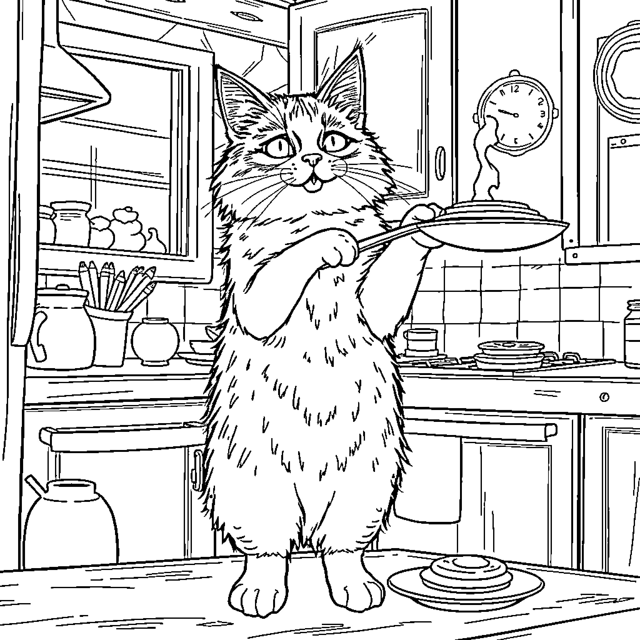 Calico Cat Enjoying a Meal in the Kitchen Coloring Page (free black-and-white line drawing printable PDF for all, from beginners to advanced learners, including children, teens, adults, and seniors)