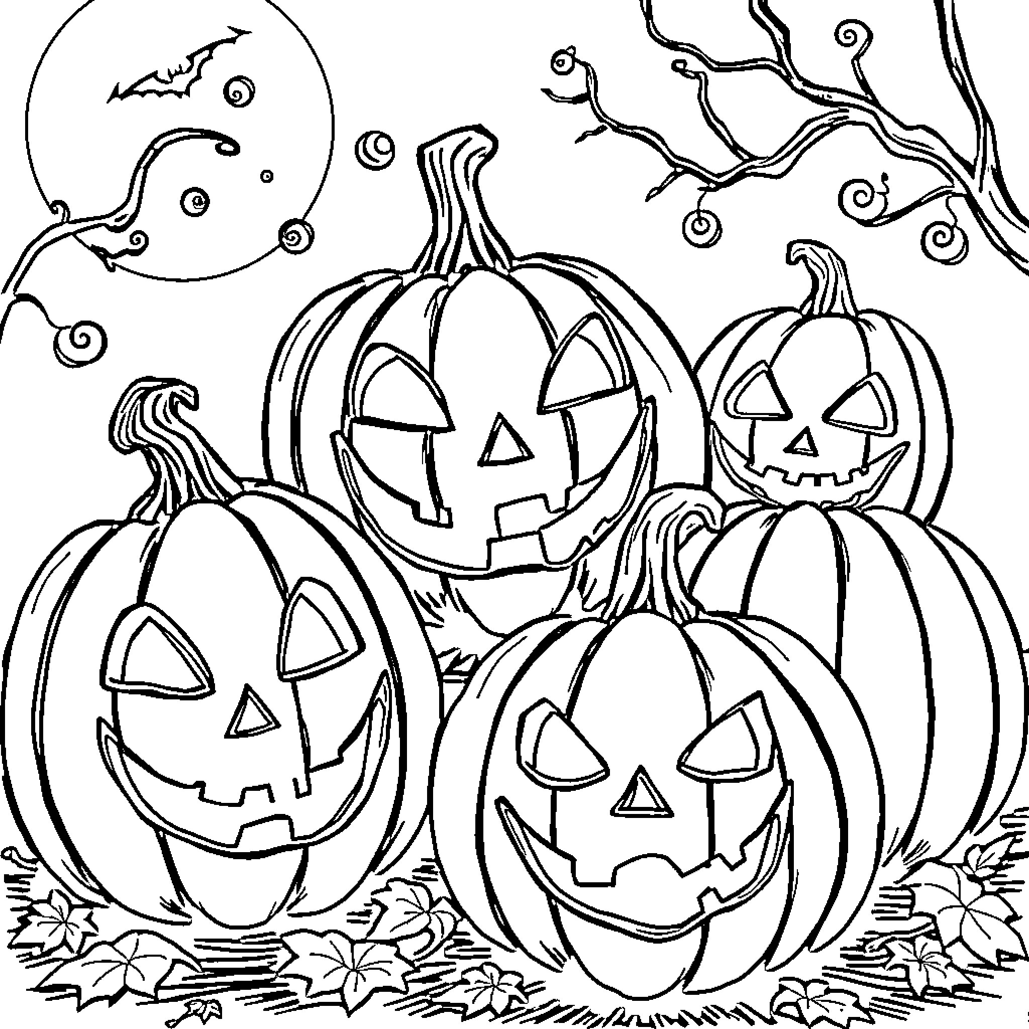 Pumpkin Jack-o'-lanterns gathering in the moonlight Coloring Page (free black-and-white line drawing printable PDF for all, from beginners to advanced learners, including children, teens, adults, and seniors)