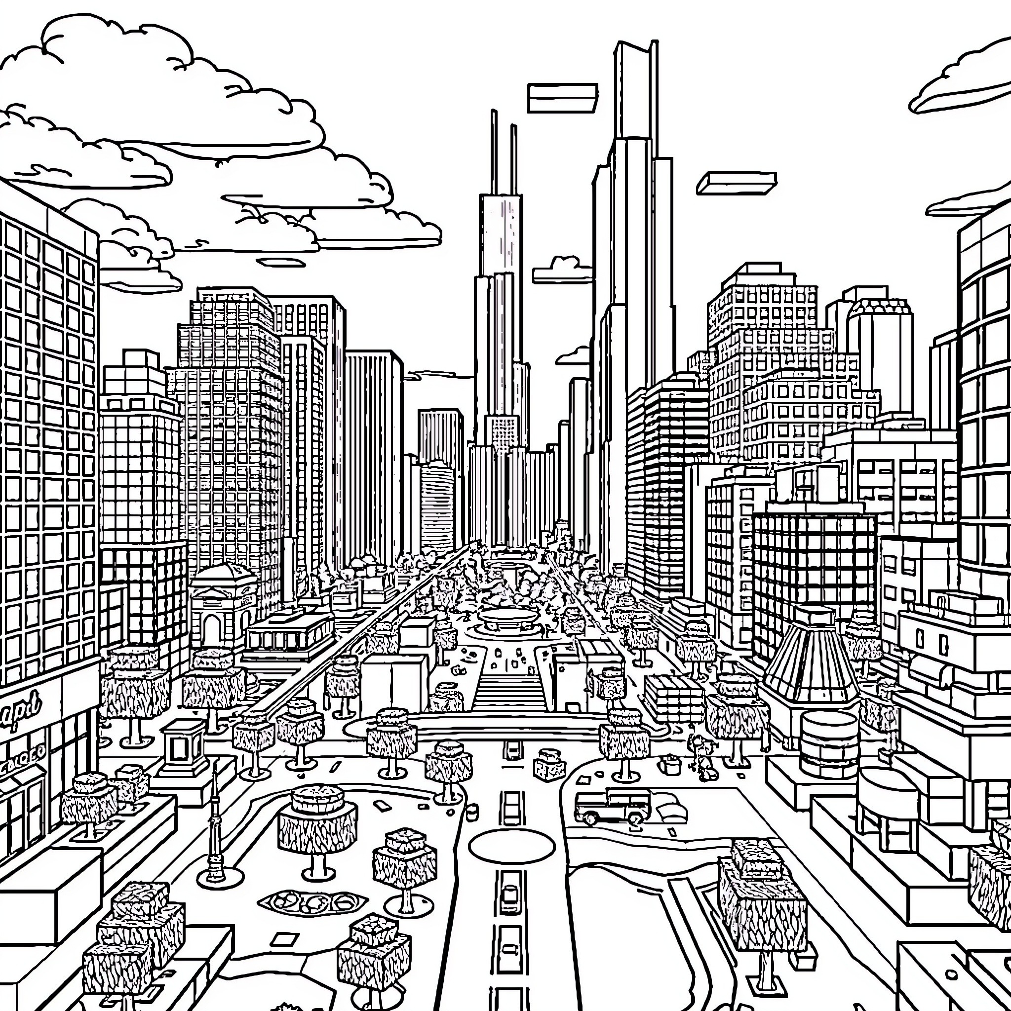 Minecraft cityscape with skyscrapers and urban landscape Coloring Page (free black-and-white line drawing printable PDF for all, from beginners to advanced learners, including children, teens, adults, and seniors)