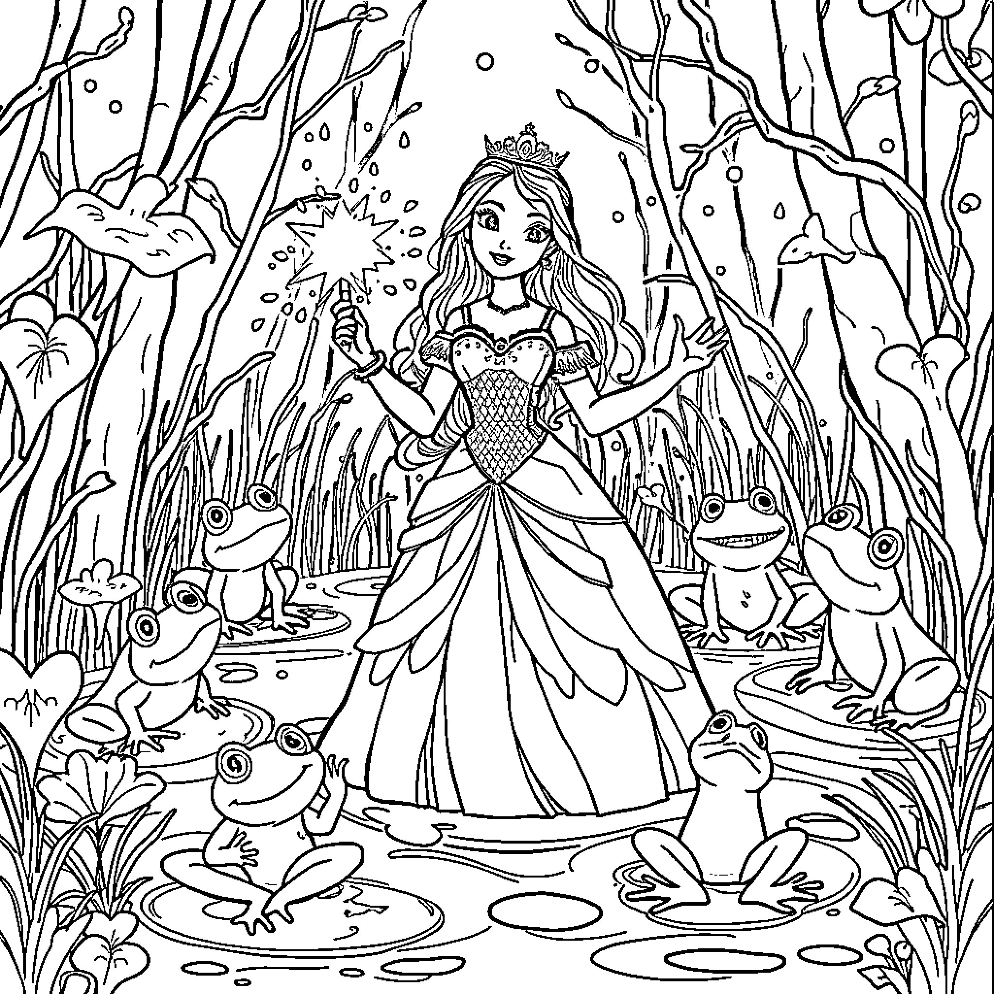 Princess in Enchanted Forest with Magical Creatures Coloring Page (free black-and-white line drawing printable PDF for all, from beginners to advanced learners, including children, teens, adults, and seniors)