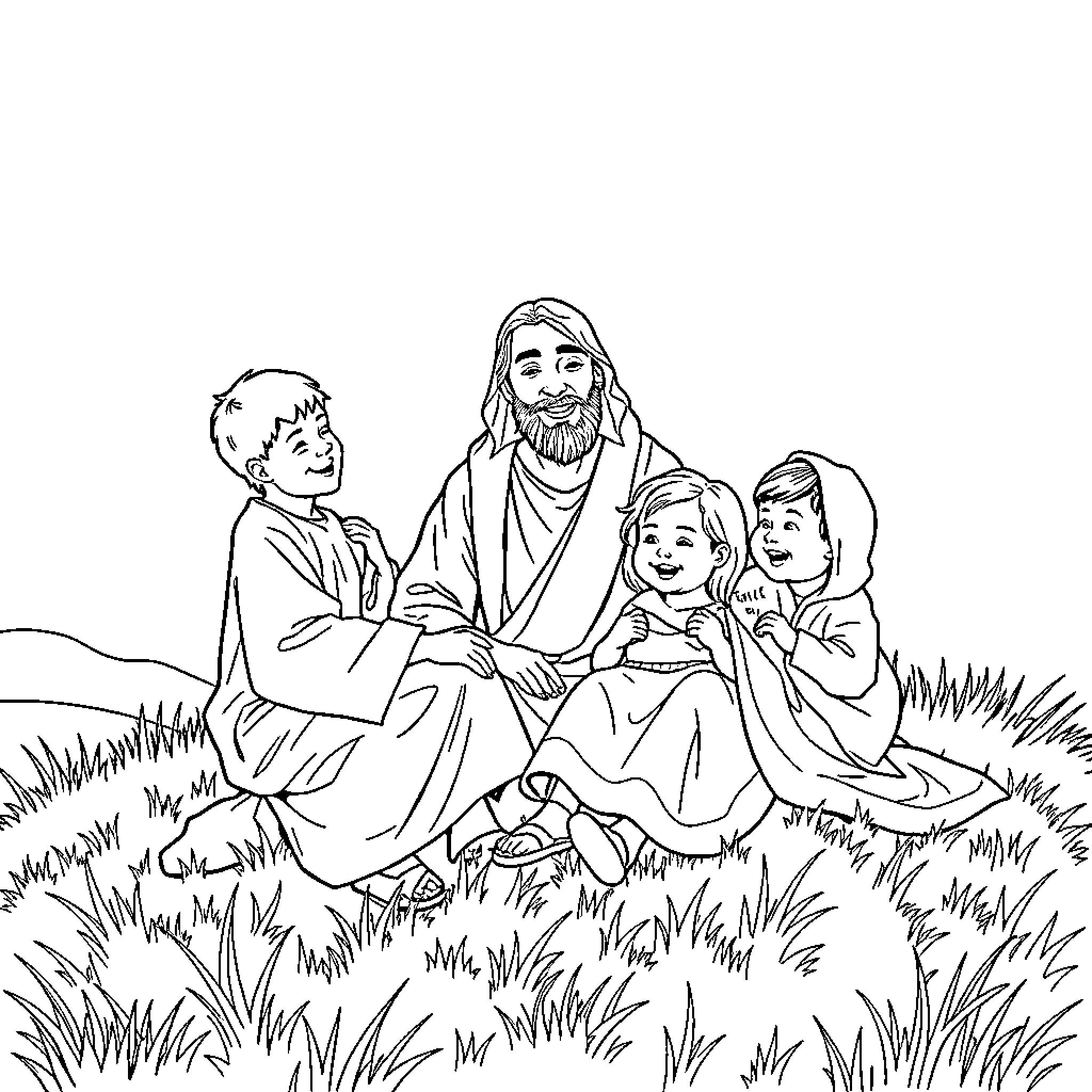Jesus teaching and interacting with children in nature Coloring Page (free black-and-white line drawing printable PDF for all, from beginners to advanced learners, including children, teens, adults, and seniors)