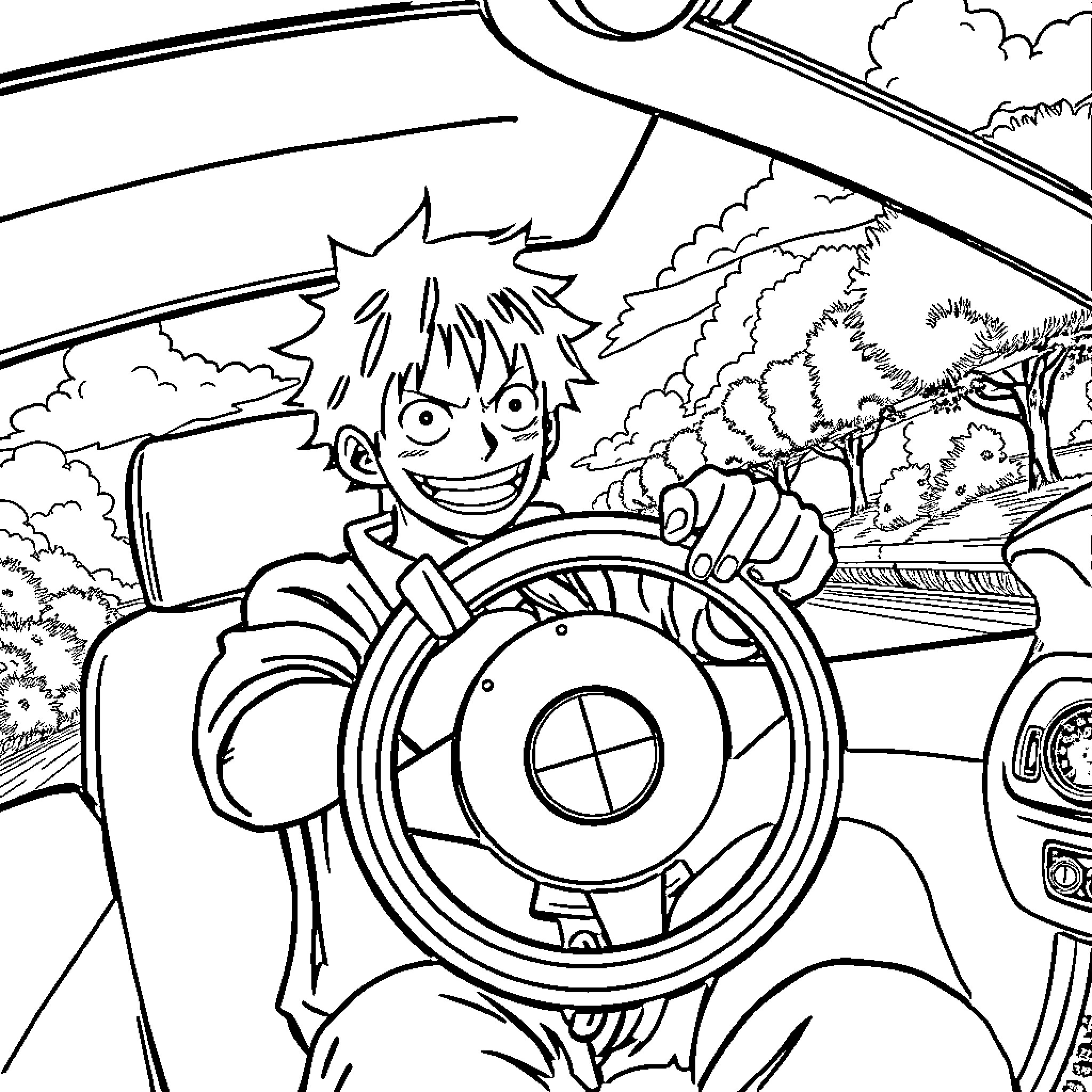 Luffy smiling while driving a car through nature Coloring Page (free black-and-white line drawing printable PDF for all, from beginners to advanced learners, including children, teens, adults, and seniors)