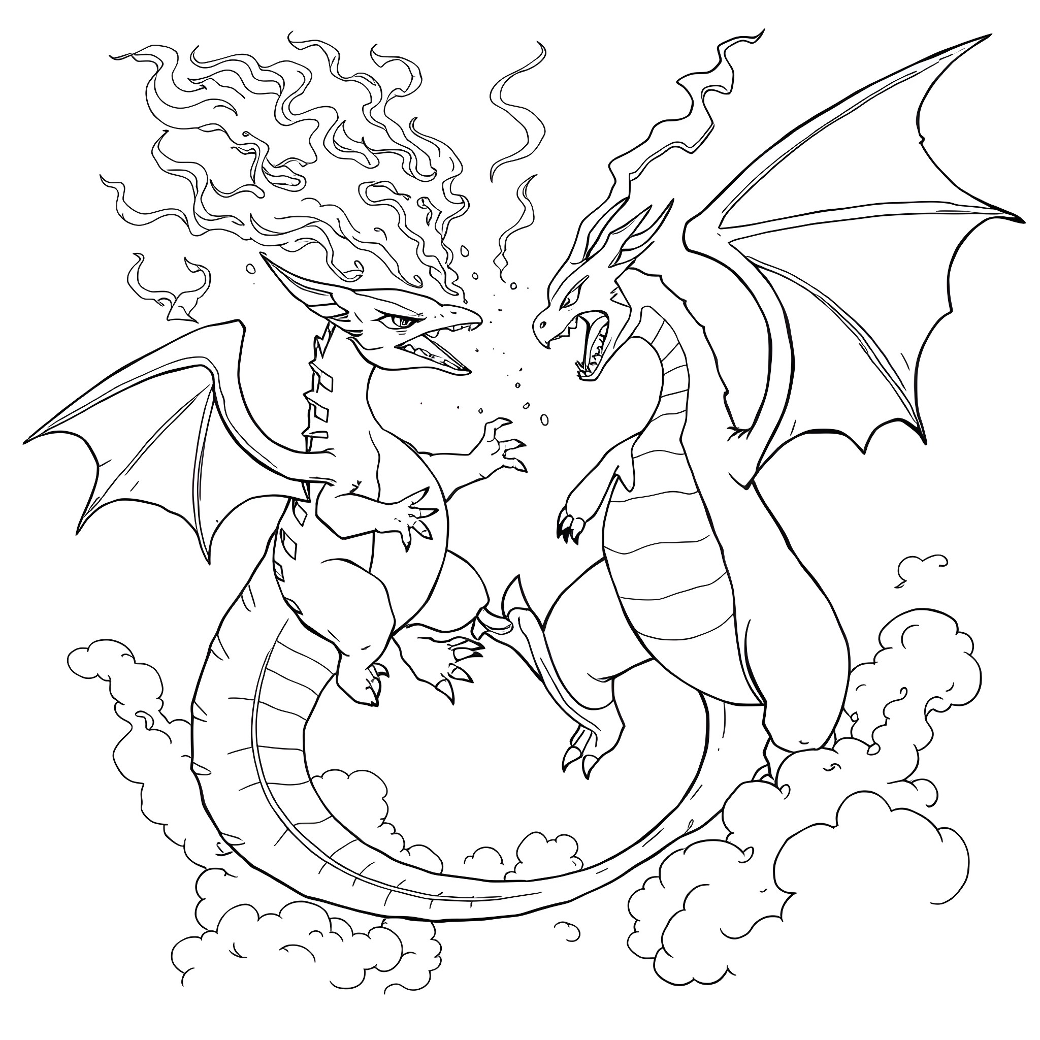 Dragonite breathing fire in the sky Coloring Page (free black-and-white line drawing printable PDF for all, from beginners to advanced learners, including children, teens, adults, and seniors)