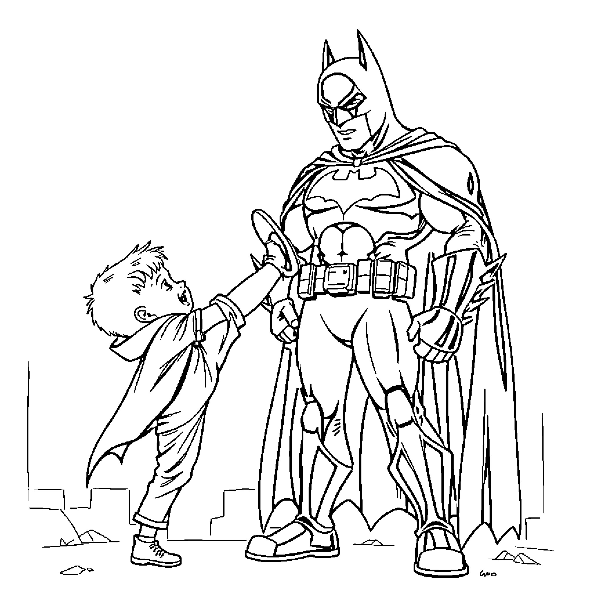 Boy in Superhero Costume Assisting Another Coloring Page (free black-and-white line drawing printable PDF for all, from beginners to advanced learners, including children, teens, adults, and seniors)