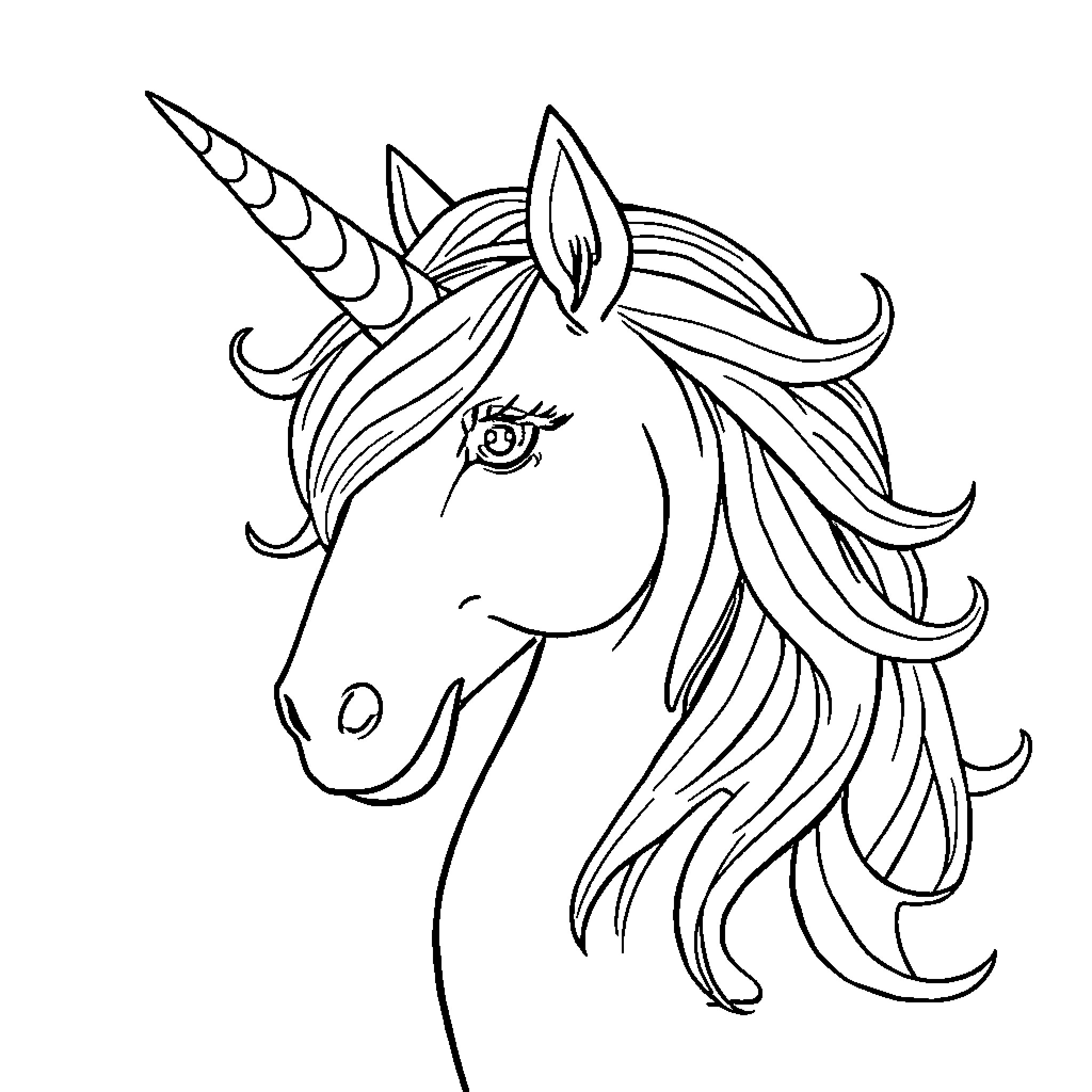 Unicorn with elaborate horn and flowing mane Coloring Page (free black-and-white line drawing printable PDF for all, from beginners to advanced learners, including children, teens, adults, and seniors)