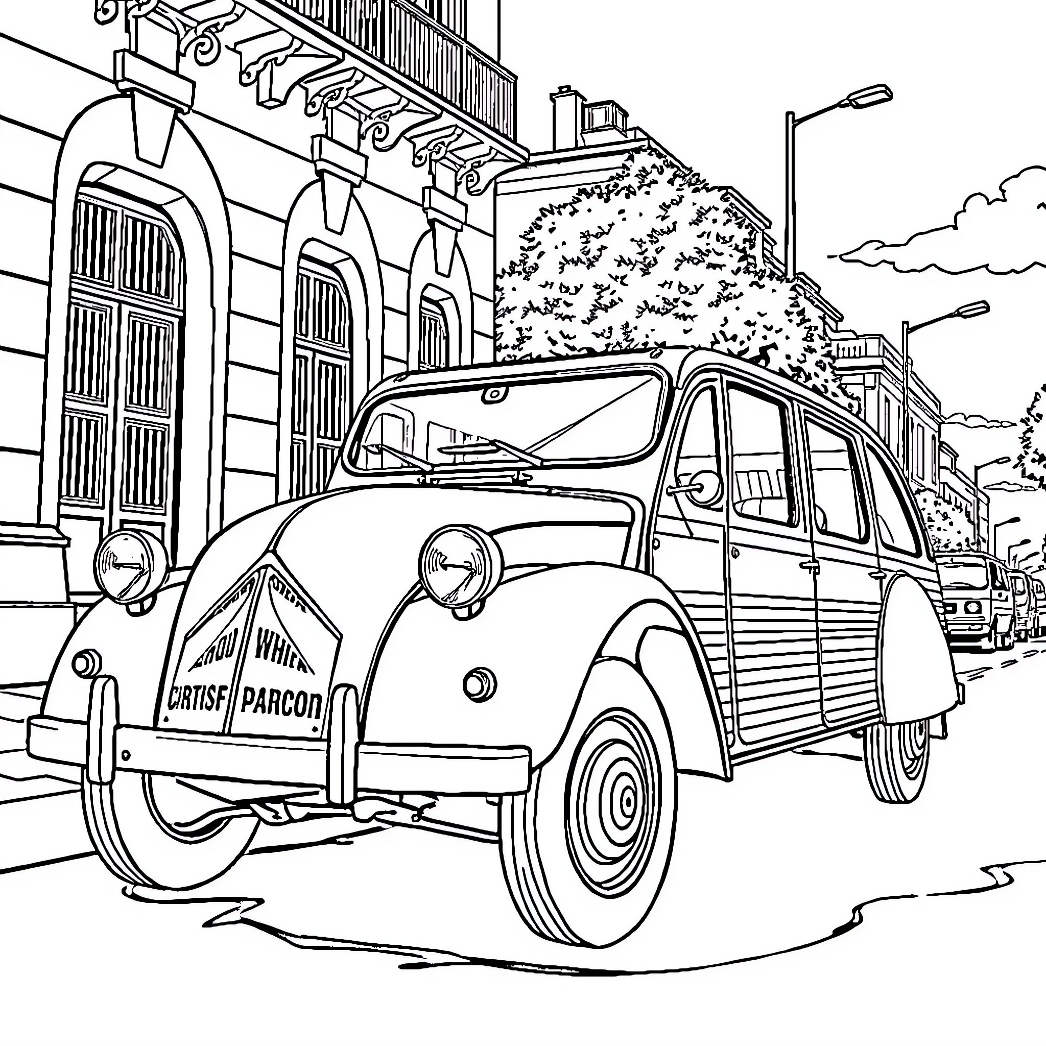 Citroen vintage car parked in city street Coloring Page (free black-and-white line drawing printable PDF for all, from beginners to advanced learners, including children, teens, adults, and seniors)