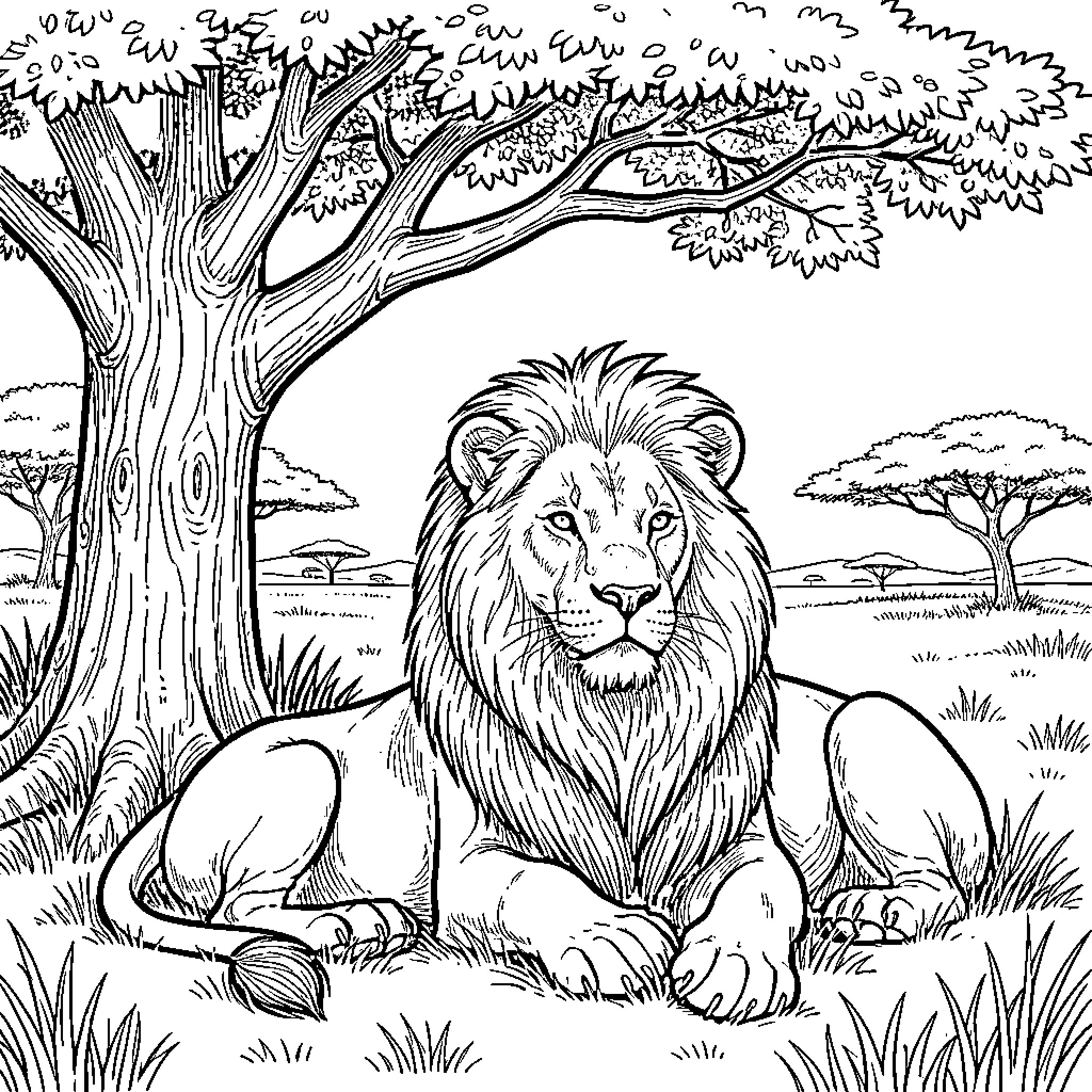 Lion resting in the African savanna Coloring Page (free black-and-white line drawing printable PDF for all, from beginners to advanced learners, including children, teens, adults, and seniors)