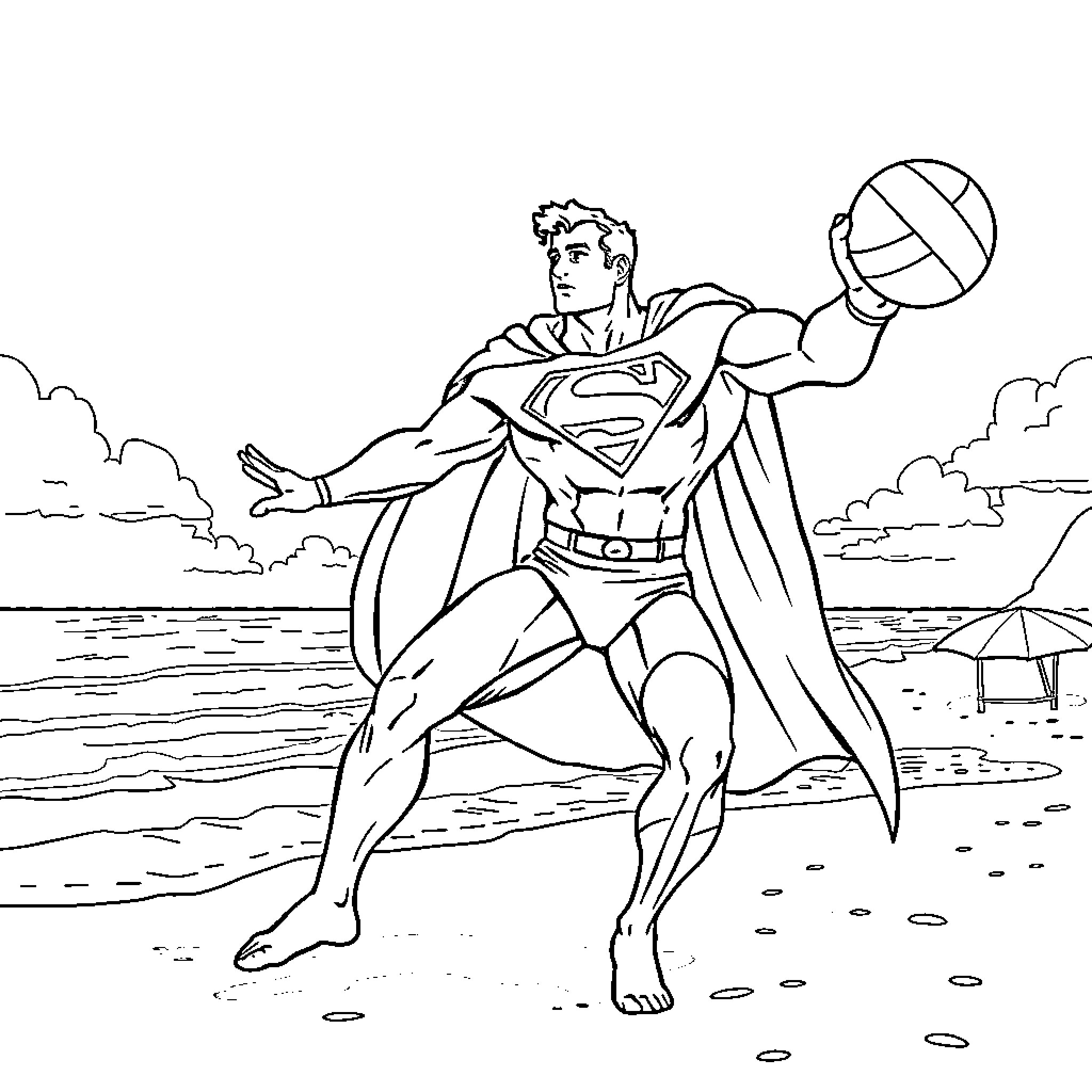 Superman soaring with volleyball in beachfront setting Coloring Page (free black-and-white line drawing printable PDF for all, from beginners to advanced learners, including children, teens, adults, and seniors)