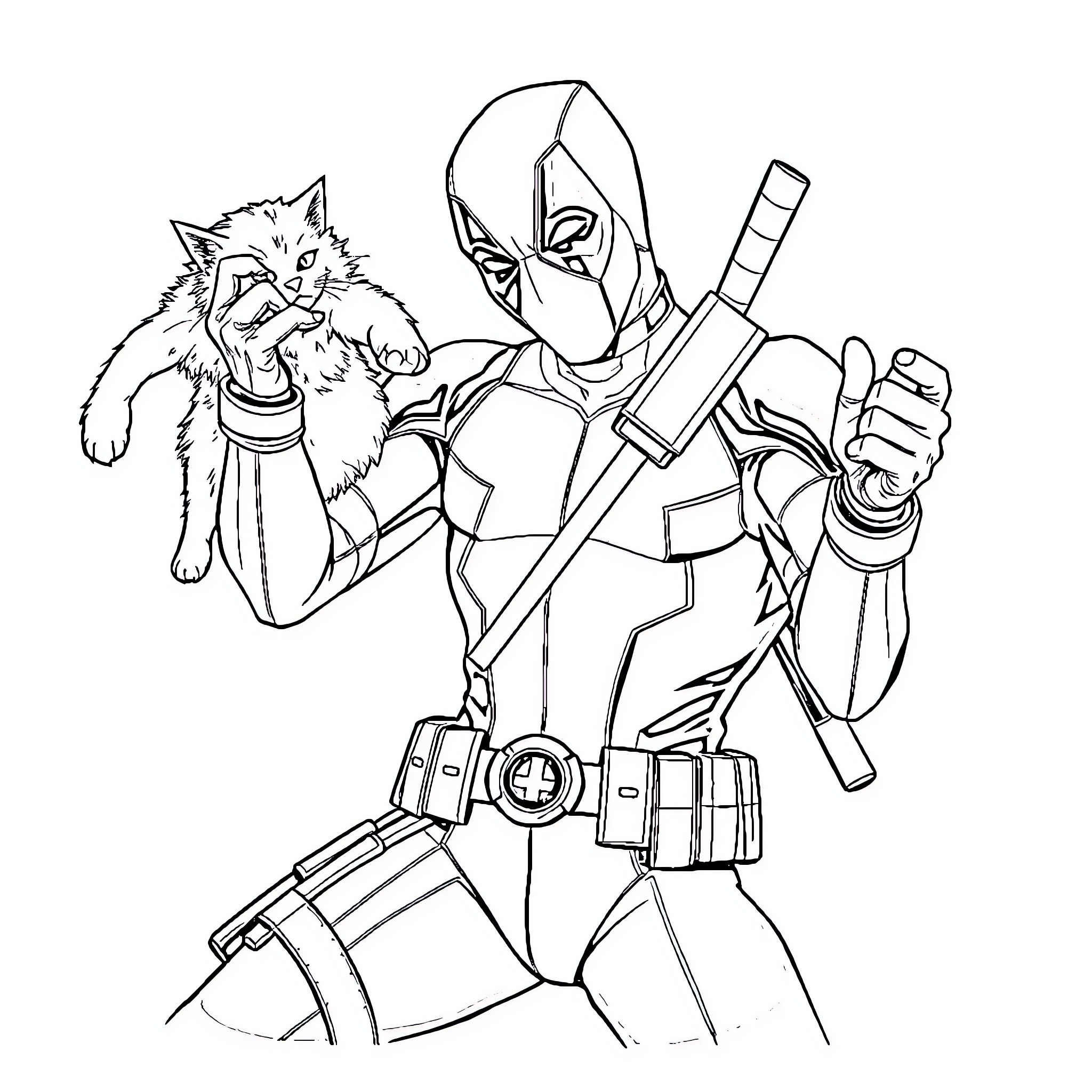 Deadpool Playfully Interacting with Furry Companion Coloring Page (free black-and-white line drawing printable PDF for all, from beginners to advanced learners, including children, teens, adults, and seniors)