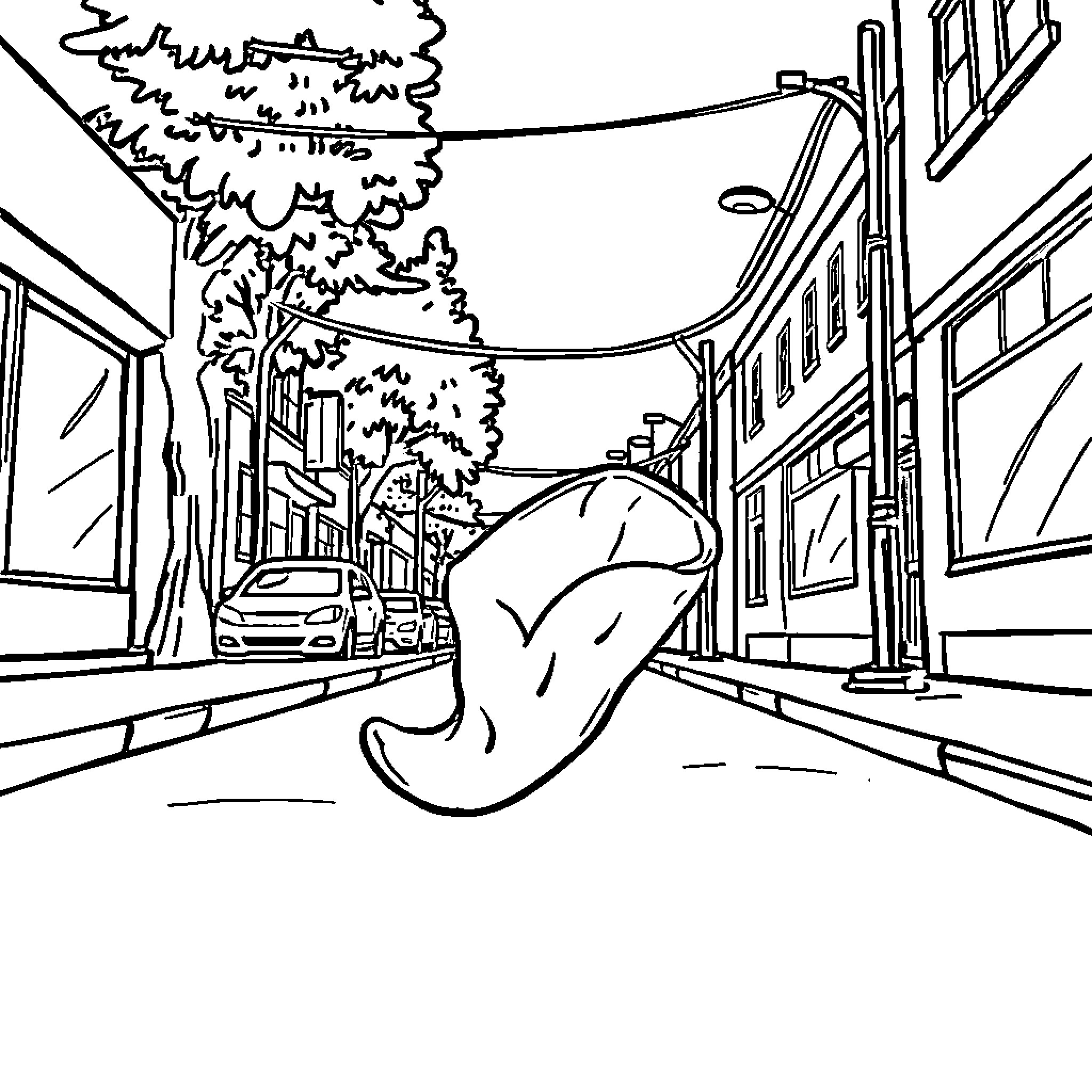 Potato Chip Shaped Figure Exploring City Street Coloring Page (free black-and-white line drawing printable PDF for all, from beginners to advanced learners, including children, teens, adults, and seniors)