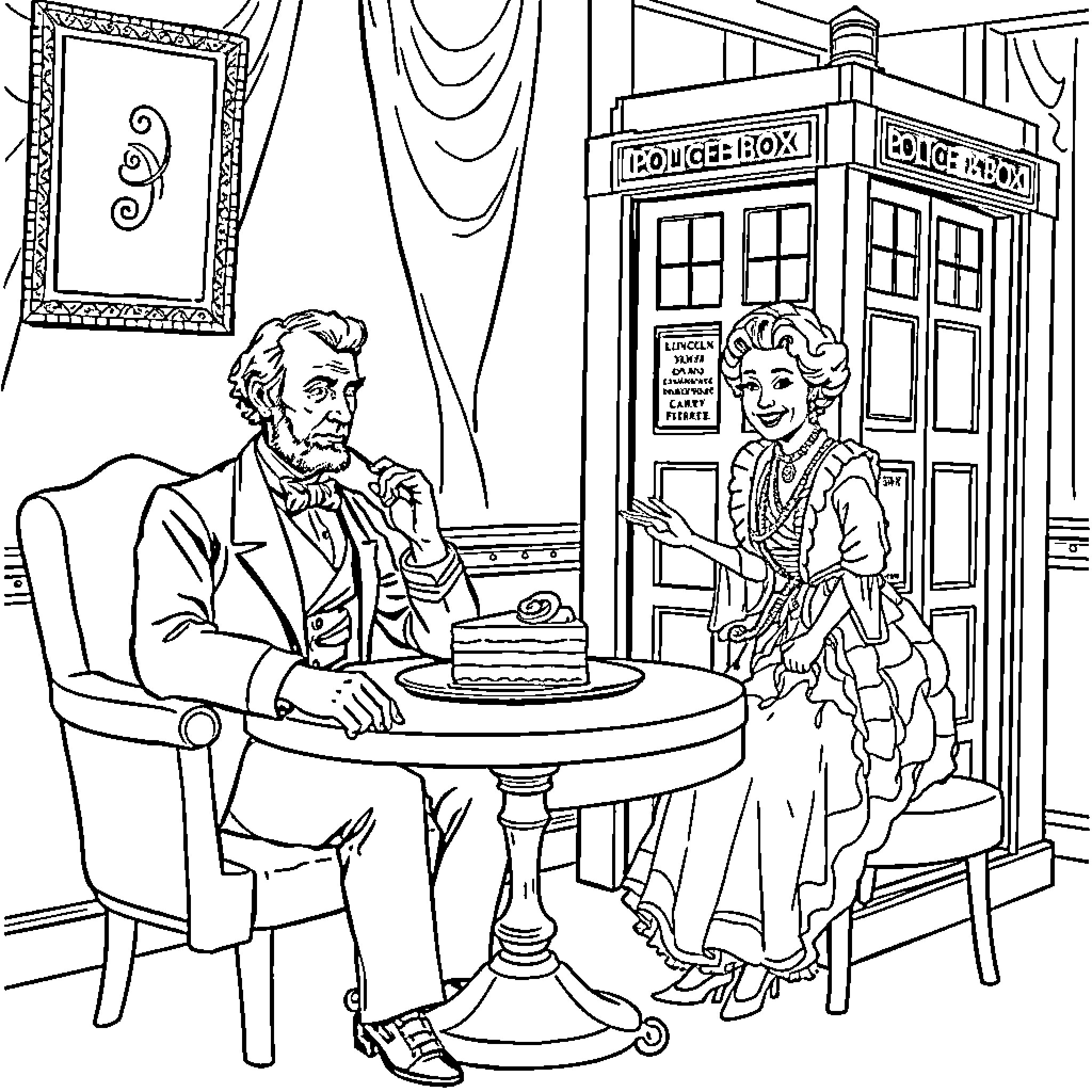Abraham Lincoln Entertained by Victorian Lady in Vintage Setting Coloring Page (free black-and-white line drawing printable PDF for all, from beginners to advanced learners, including children, teens, adults, and seniors)