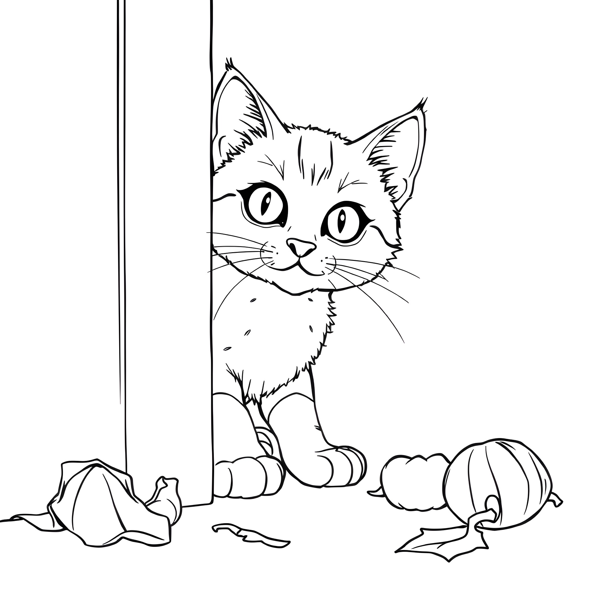 Cat peeking curiously at scattered toys Coloring Page (free black-and-white line drawing printable PDF for all, from beginners to advanced learners, including children, teens, adults, and seniors)