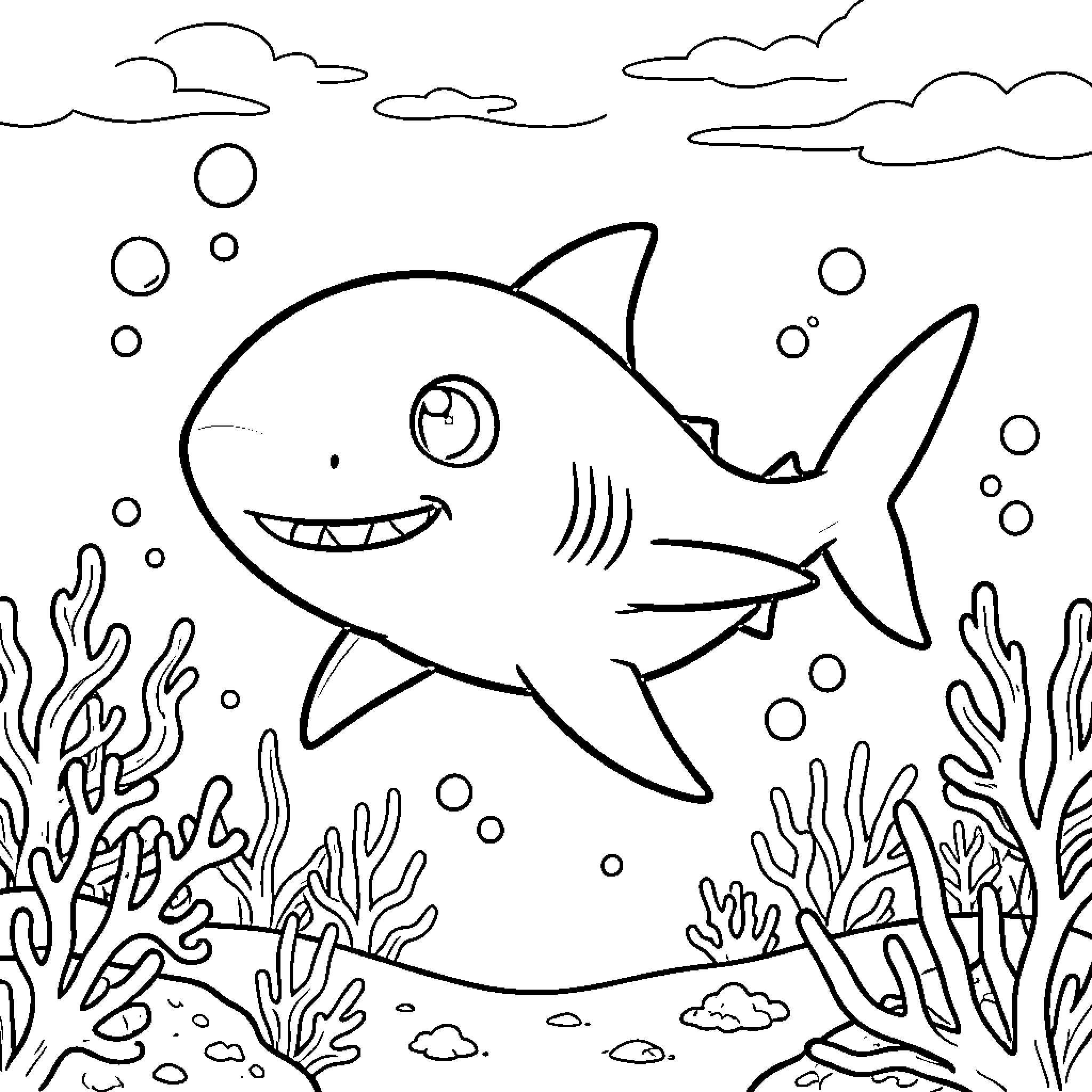 Shark swimming happily in the underwater scene Coloring Page (free black-and-white line drawing printable PDF for all, from beginners to advanced learners, including children, teens, adults, and seniors)