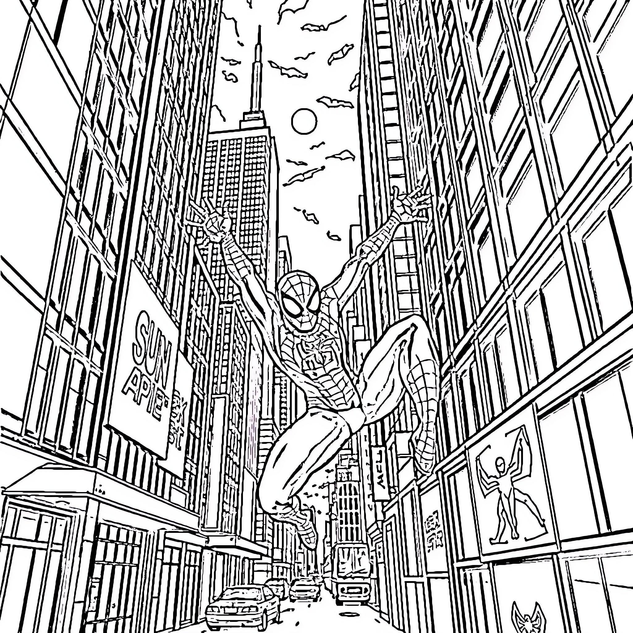 Spider-Man swinging through a city skyline Coloring Page (free black-and-white line drawing printable PDF for all, from beginners to advanced learners, including children, teens, adults, and seniors)