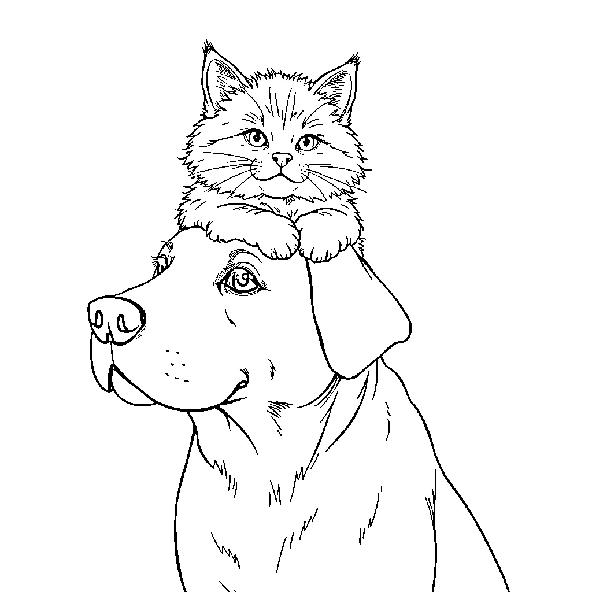Cat riding a dog in a playful manner Coloring Page (free black-and-white line drawing printable PDF for all, from beginners to advanced learners, including children, teens, adults, and seniors)