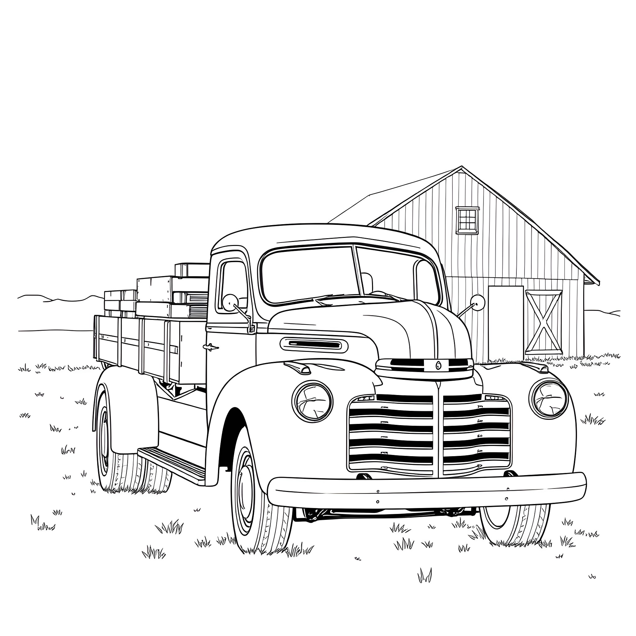 Truck carrying goods in front of a barn Coloring Page (free black-and-white line drawing printable PDF for all, from beginners to advanced learners, including children, teens, adults, and seniors)