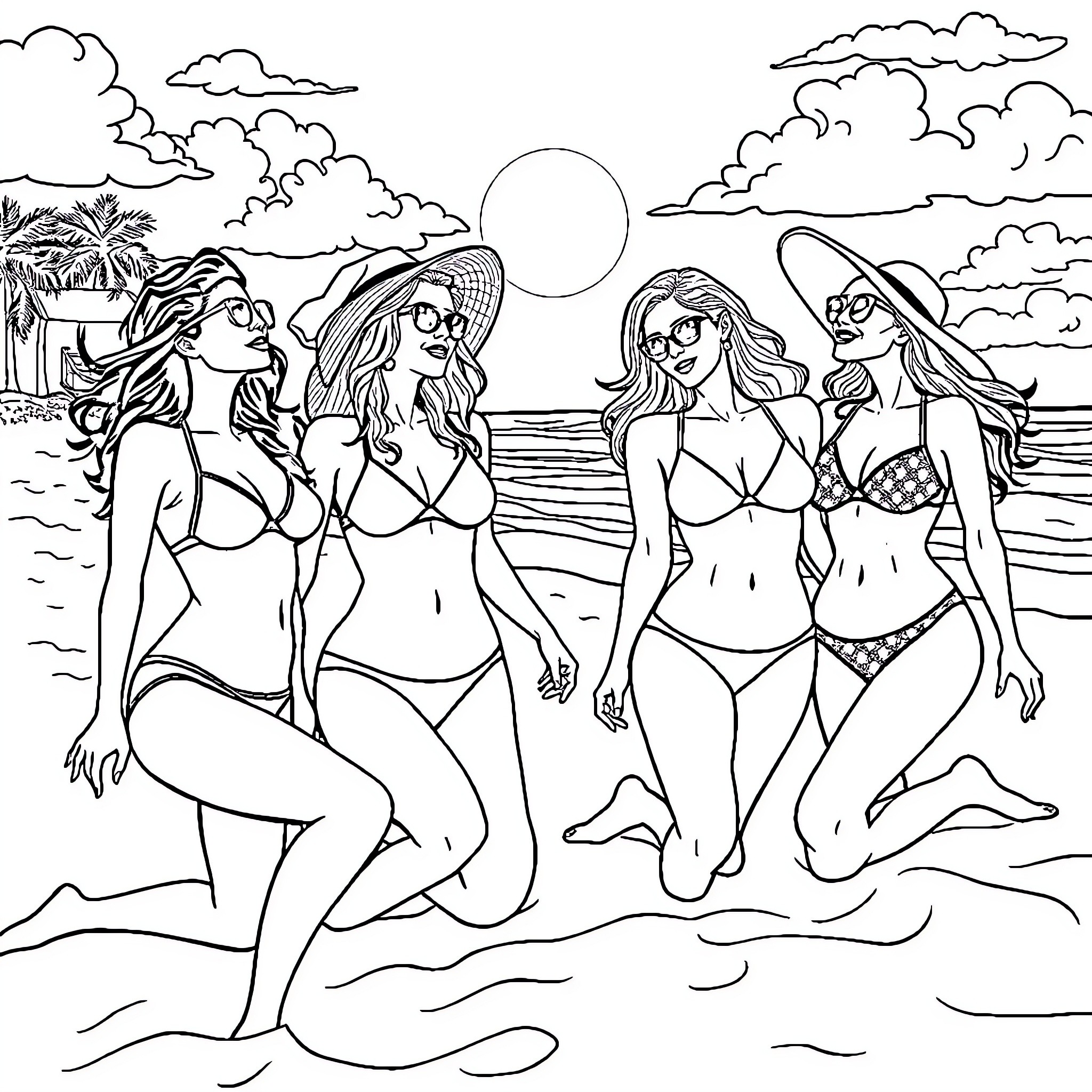 Women enjoying a sunny day at the beach Coloring Page (free black-and-white line drawing printable PDF for all, from beginners to advanced learners, including children, teens, adults, and seniors)