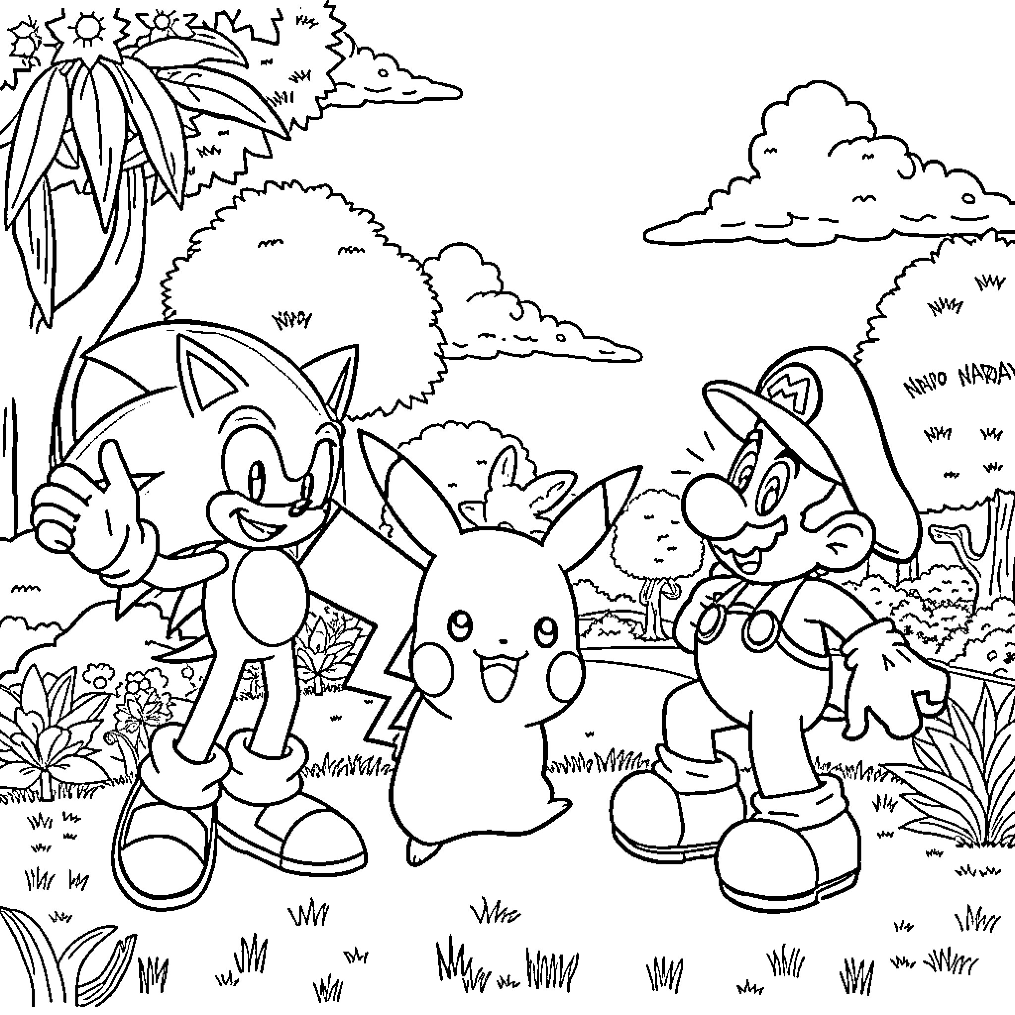 Sonic and Friends Explore the Outdoor Adventure Coloring Page (free black-and-white line drawing printable PDF for all, from beginners to advanced learners, including children, teens, adults, and seniors)
