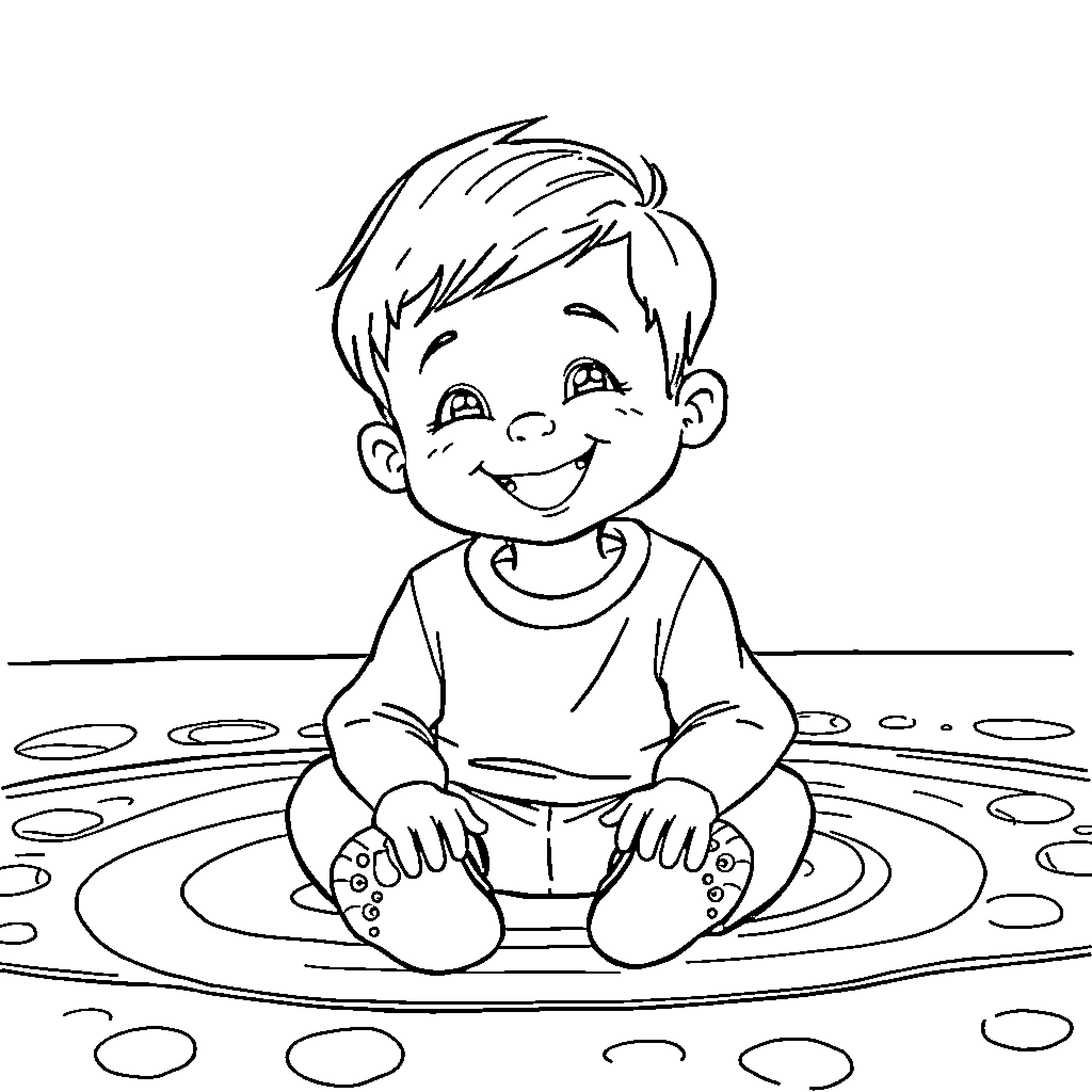 Boy playing happily in the puddle Coloring Page (free black-and-white line drawing printable PDF for all, from beginners to advanced learners, including children, teens, adults, and seniors)