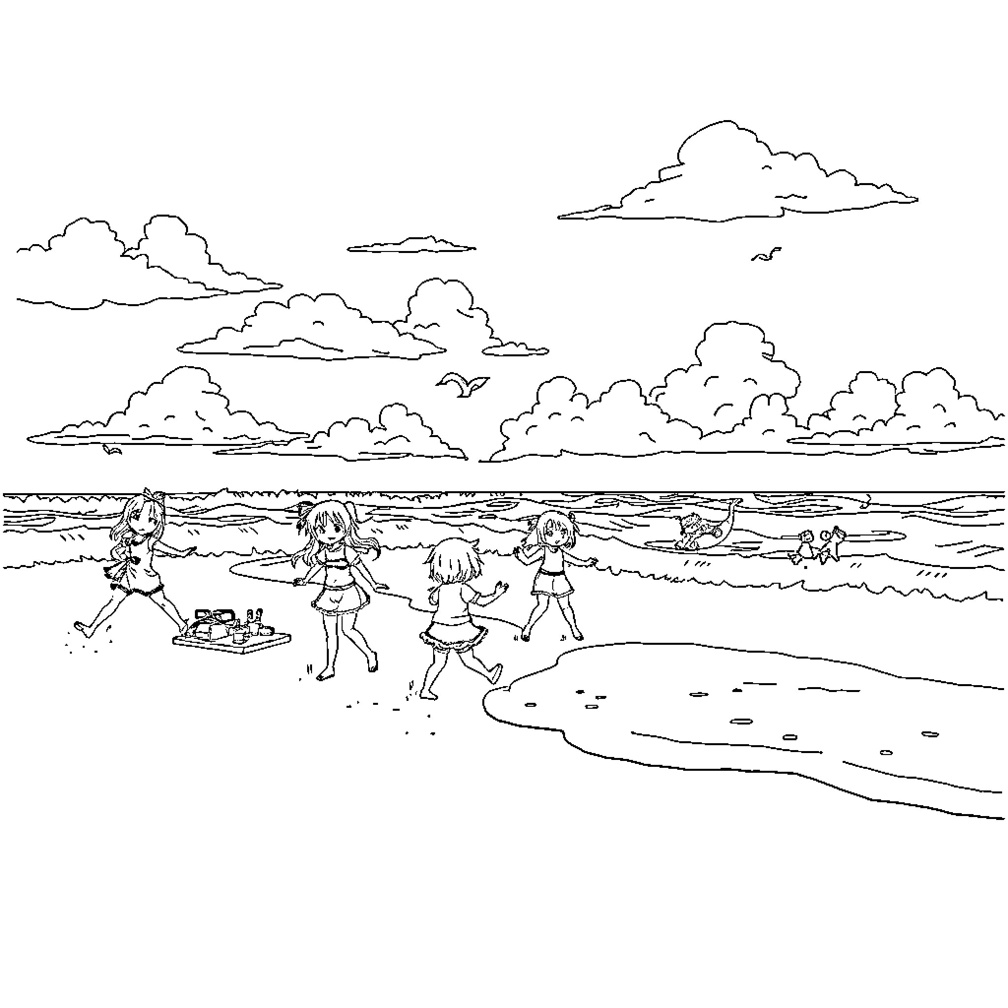 Anime group of children playing at the beach Coloring Page (free black-and-white line drawing printable PDF for all, from beginners to advanced learners, including children, teens, adults, and seniors)