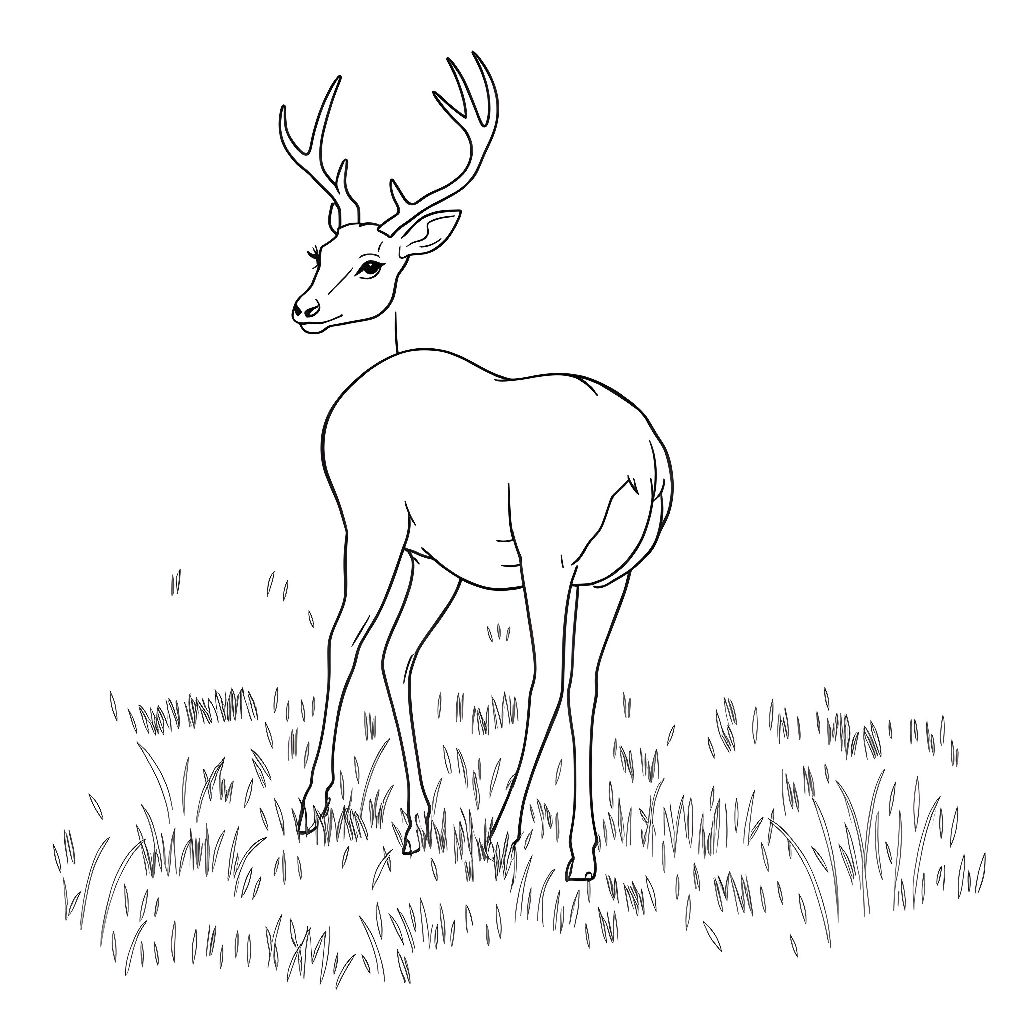 Deer standing in a grassy field Coloring Page (free black-and-white line drawing printable PDF for all, from beginners to advanced learners, including children, teens, adults, and seniors)
