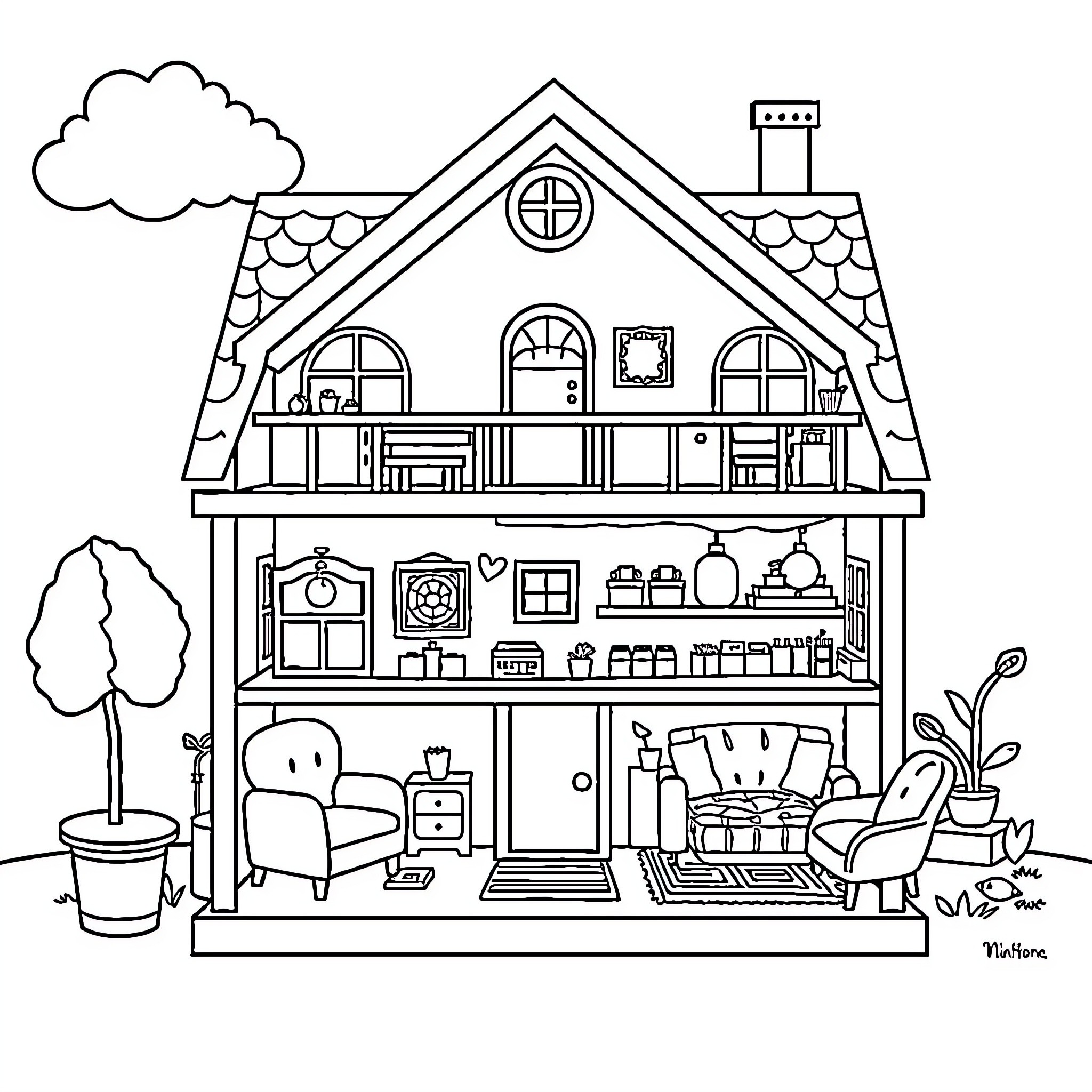 Gabby's cozy cottage with charming interior Coloring Page (free black-and-white line drawing printable PDF for all, from beginners to advanced learners, including children, teens, adults, and seniors)