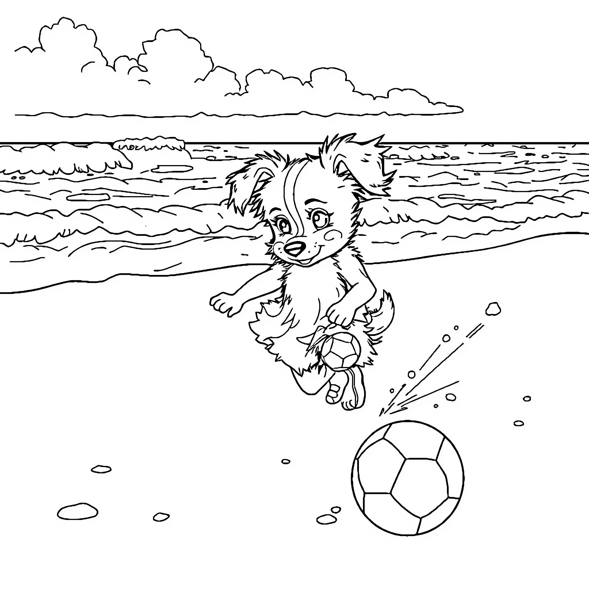 Bluey playing with a soccer ball by the beach Coloring Page (free black-and-white line drawing printable PDF for all, from beginners to advanced learners, including children, teens, adults, and seniors)