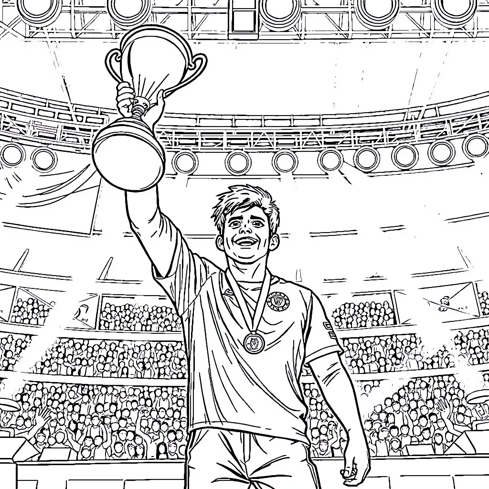 Faker Celebrating Victory in Stadium Coloring Page (free black-and-white line drawing printable PDF for all, from beginners to advanced learners, including children, teens, adults, and seniors)
